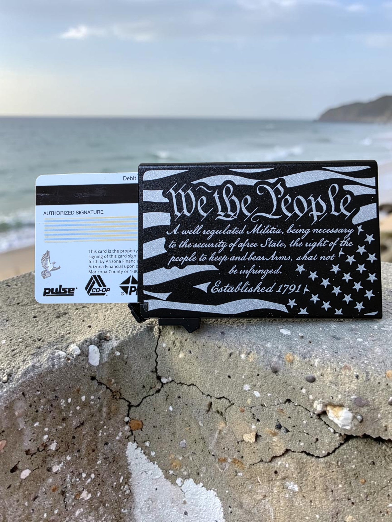“We The People” Engraved Powder Coated Aluminum Metal Wallet – Double-Sided 5 Card Holder