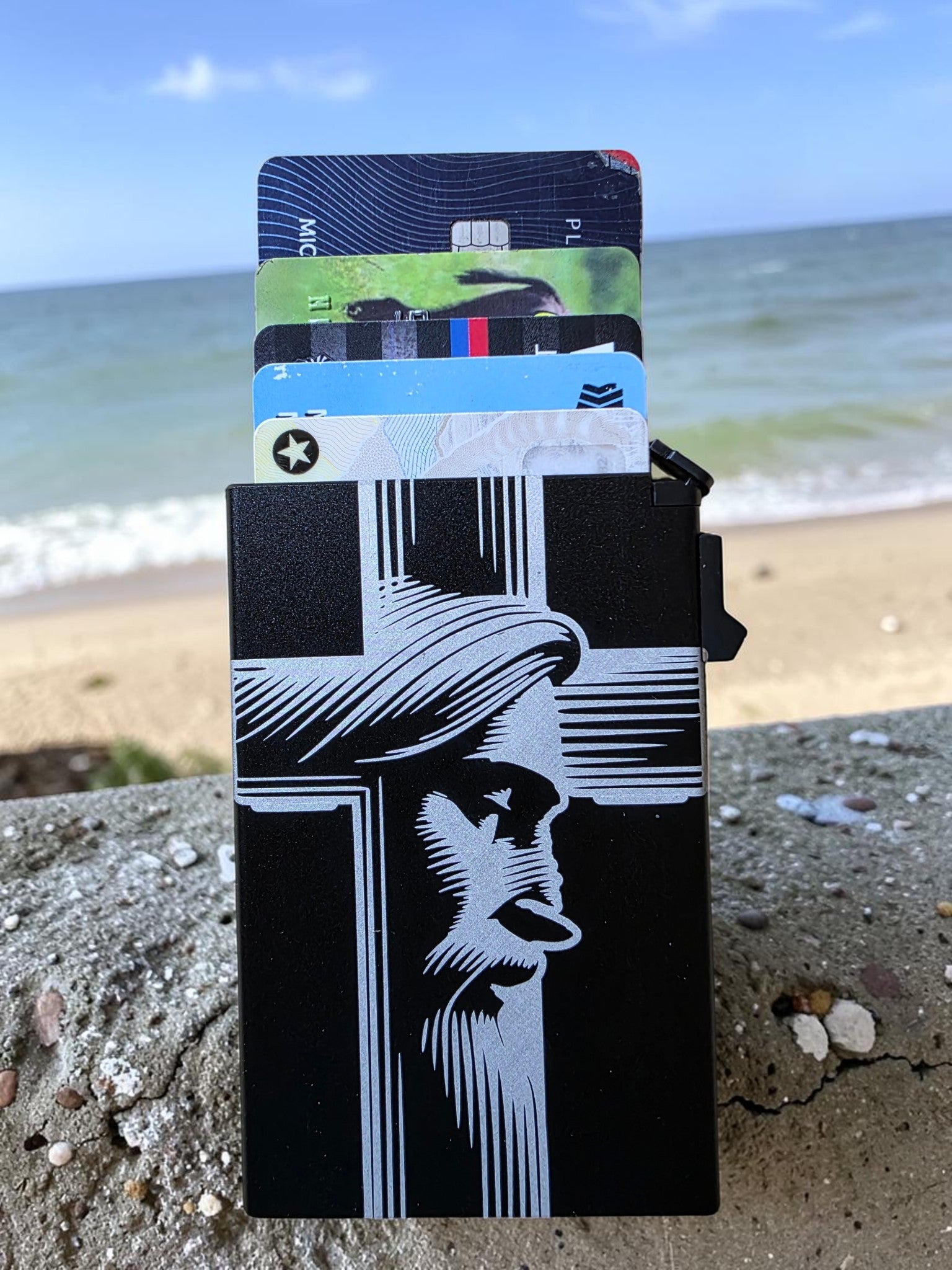 3D Jesus Cross Engraved Powder Coated Aluminum Metal Wallet – Double-Sided 5 Card Holder
