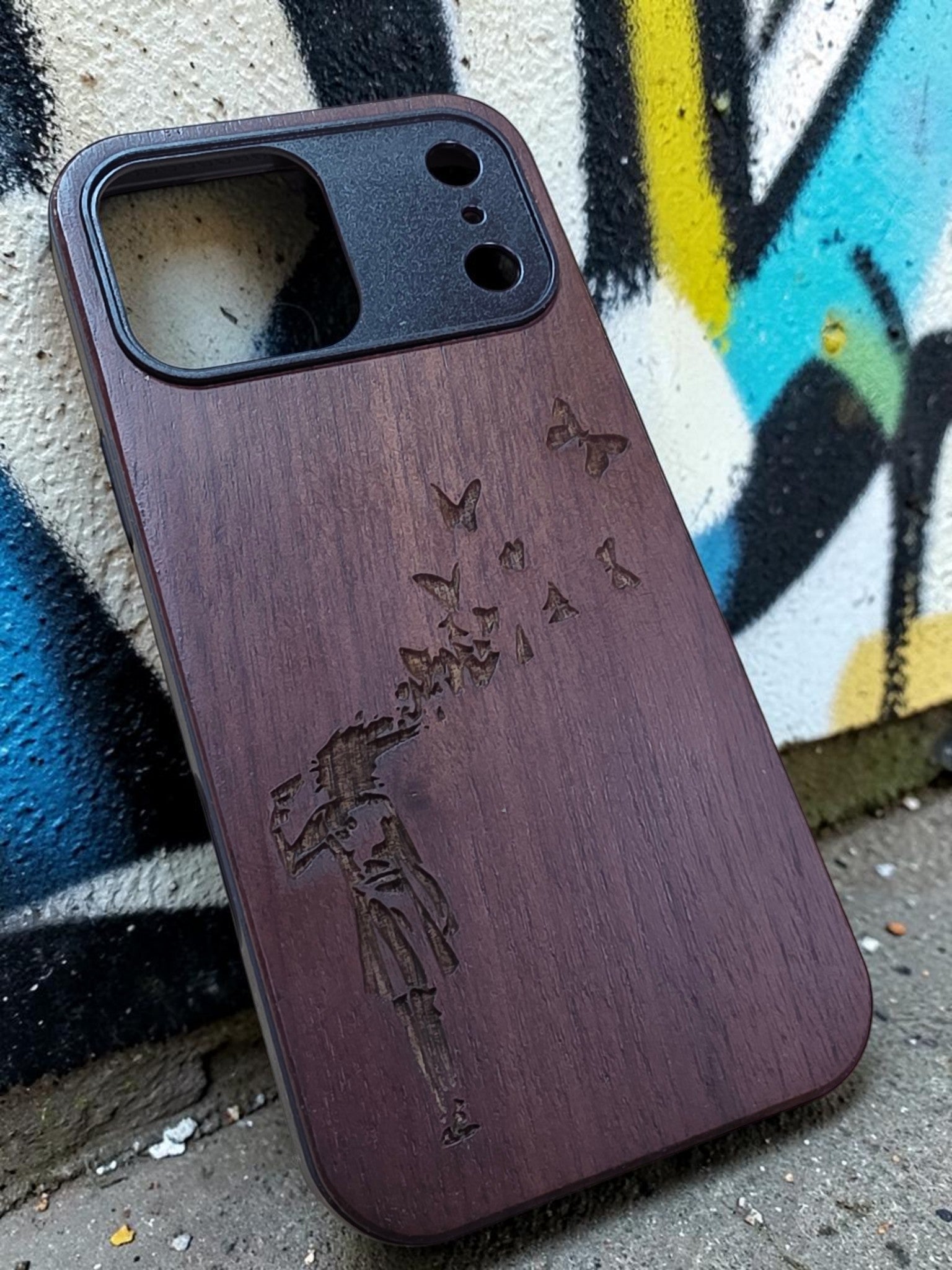 Butterfly Girl Walnut Wood Phone Case – Street Art Inspired | iPhone 17 Pro & 17 Pro Max