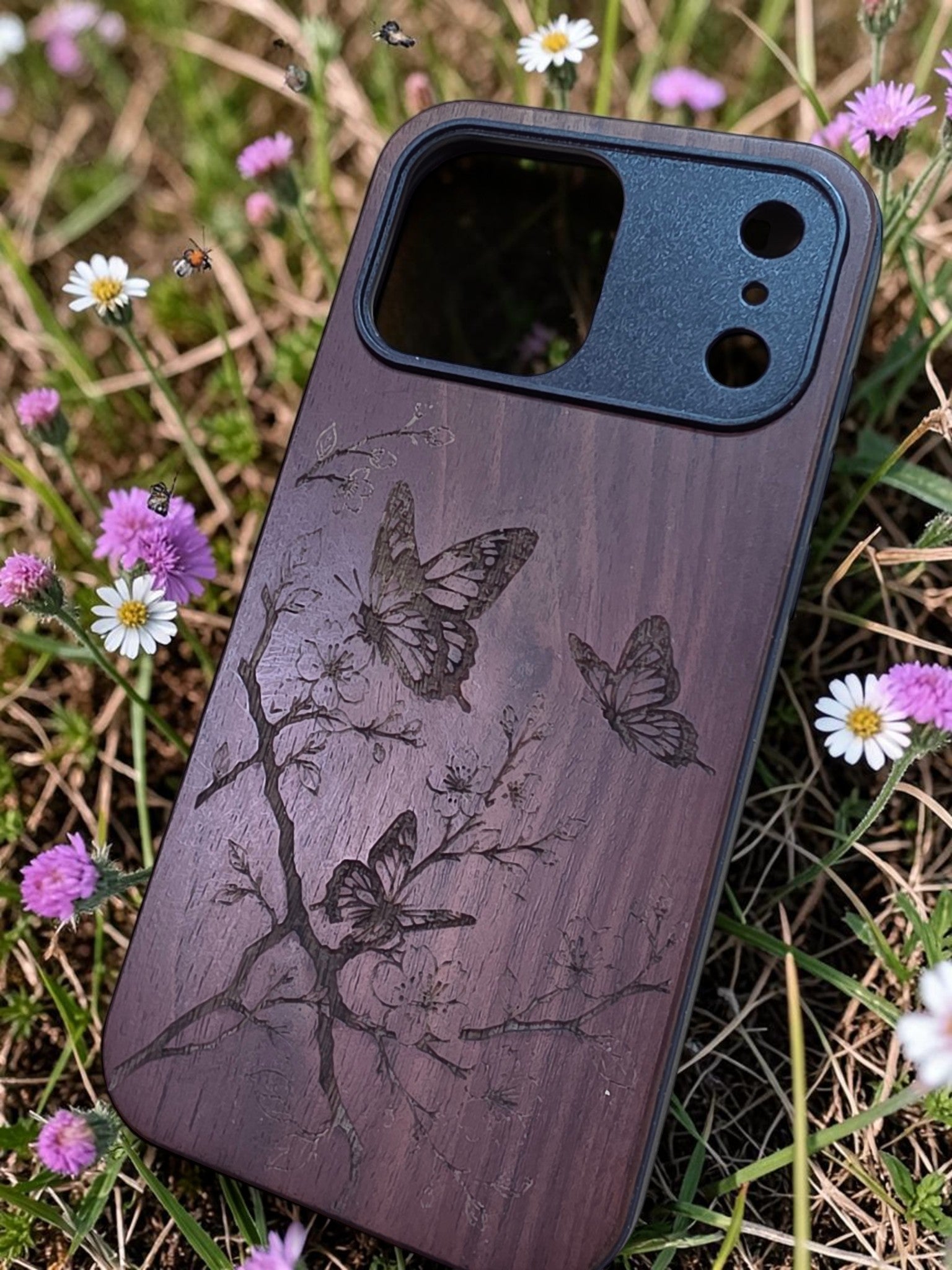 Butterfly Garden Walnut Veneer Phone Case – iPhone 17 Pro & 17 Pro Max