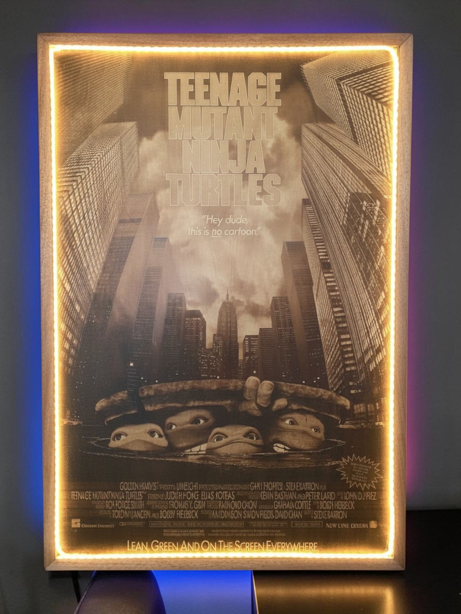 Teenage Mutant Ninja Turtles Movie Poster LED Wall Art | Backlit Wood Sign with RGB Frame | 30x20 Illuminated 90s Movie Decor
