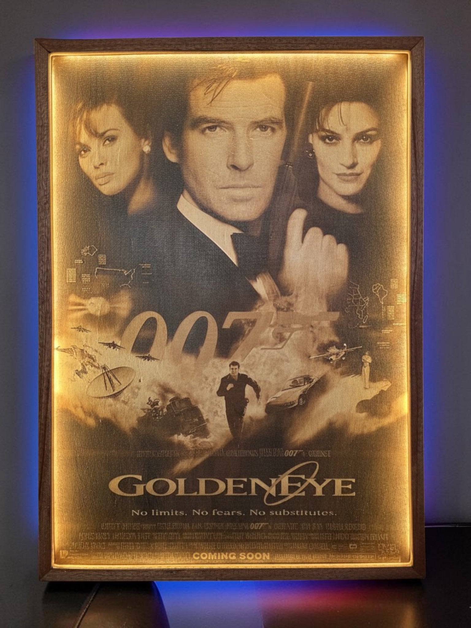 GoldenEye 007 Movie Poster LED Wall Art | Backlit Wood Sign with RGB Frame | 30x20 Illuminated Bond Movie Decor