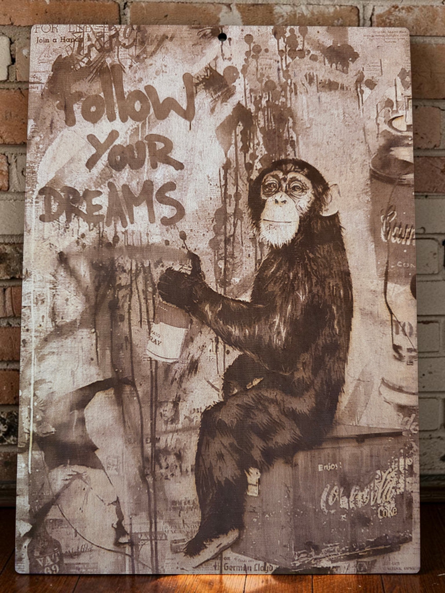 Follow Your Dreams Chimp Wood Sign | Laser Engraved Maple Street Art | 11x14 Urban Pop Art Wall Decor
