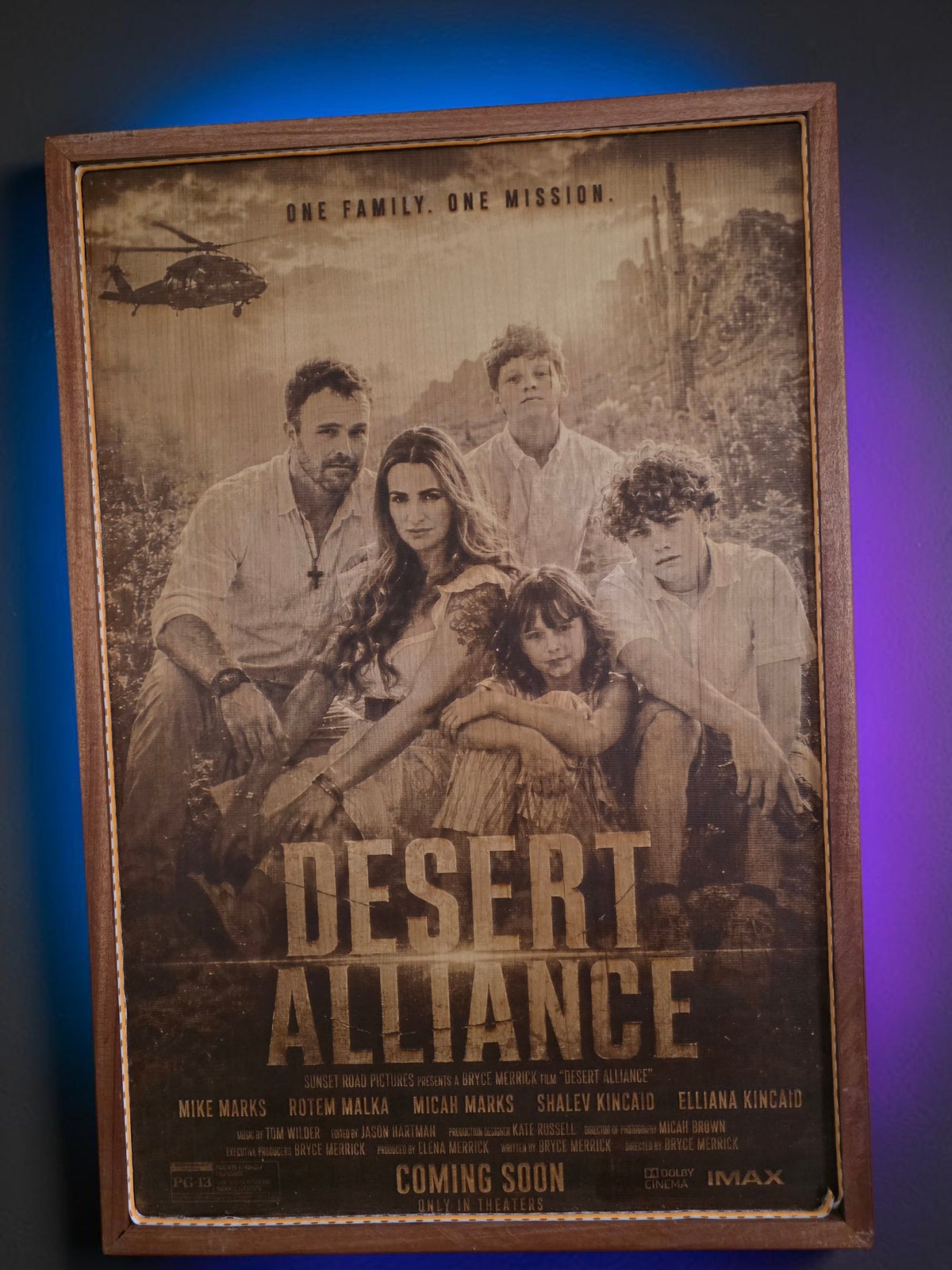Custom Family Movie Poster Engraving with LED Lighting & Mahogany Frame