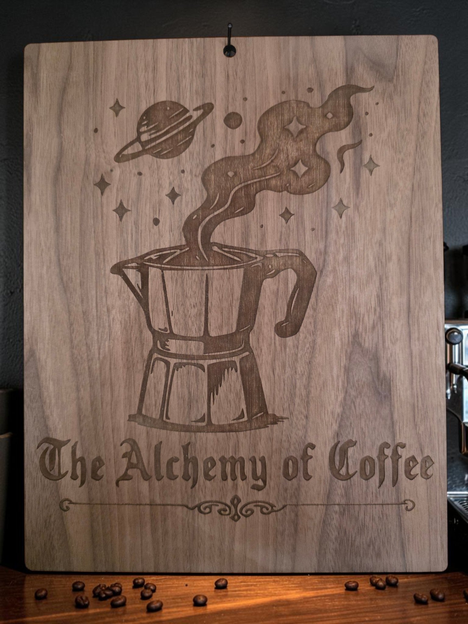 The Alchemy of Coffee – 11" x 17" Engraved Walnut Coffee Wall Art