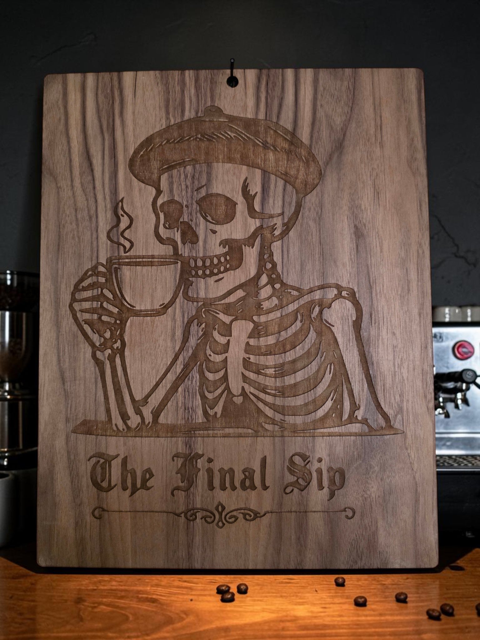 The Final Sip – 11" x 17" Engraved Walnut Skeleton Coffee Wall Art