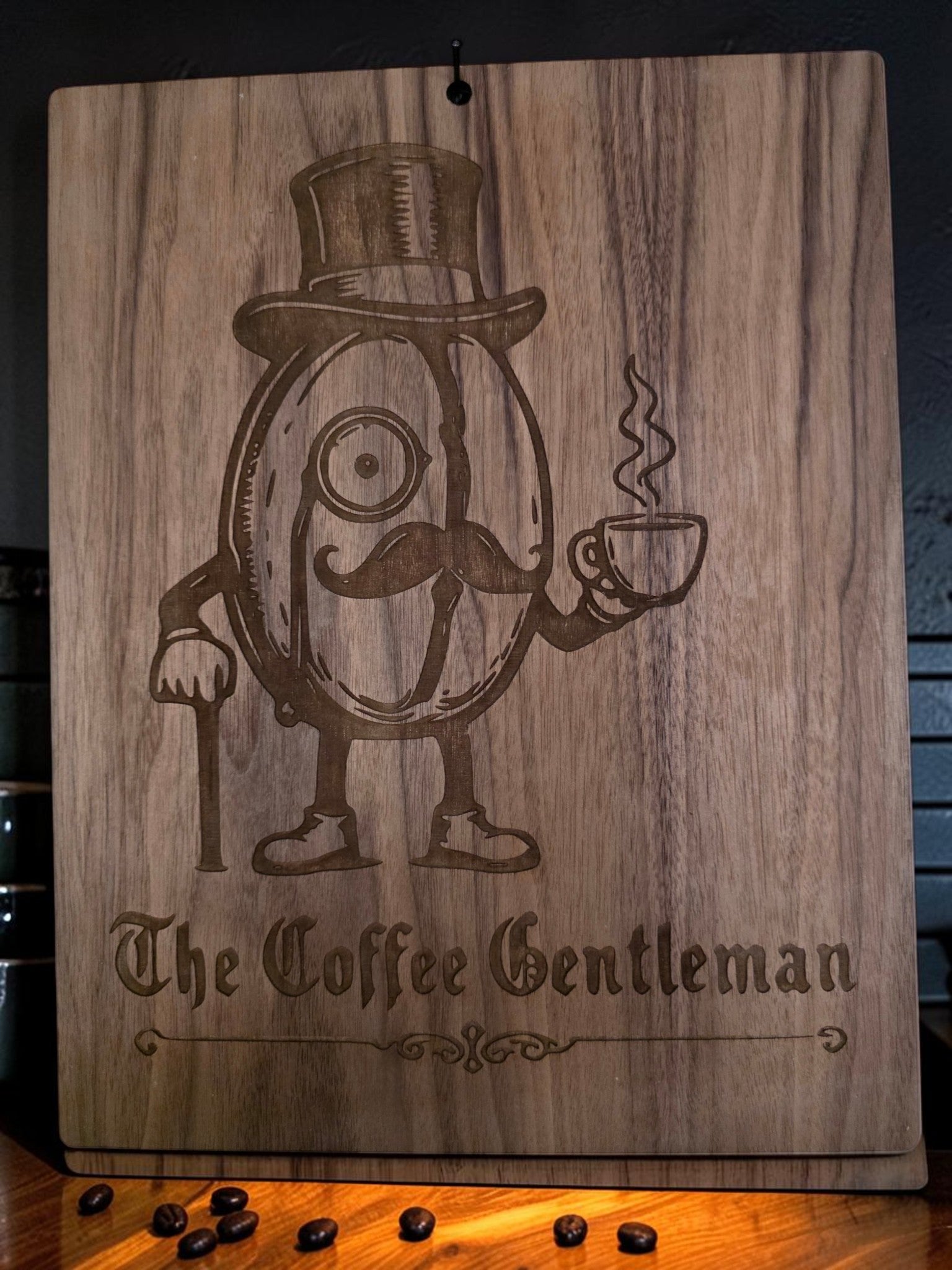The Coffee Gentleman – 11" x 17" Engraved Walnut Coffee Wall Art