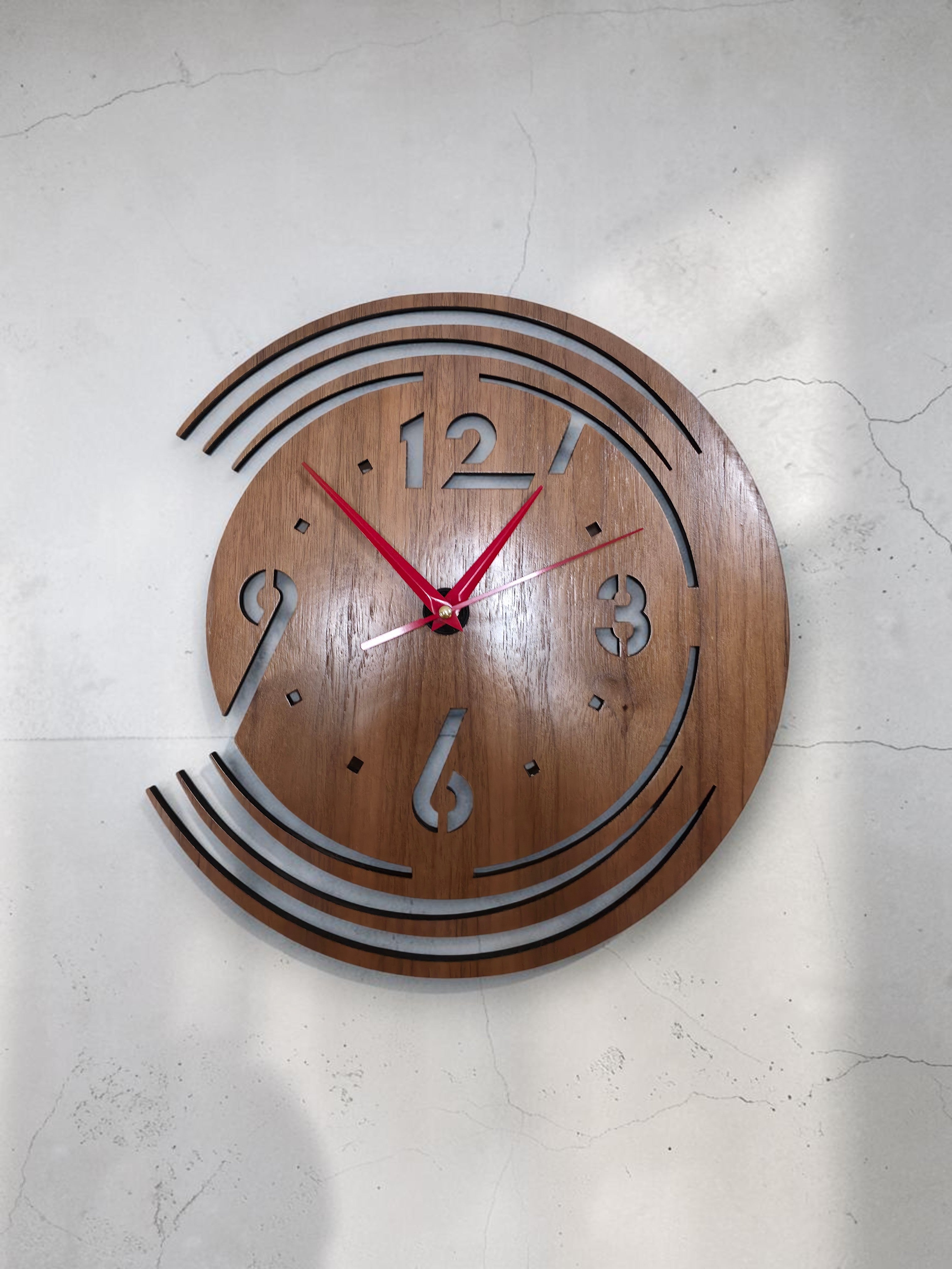 Modern Walnut Wall Clock with Red Hands – 12-Inch Concentric Arc Design