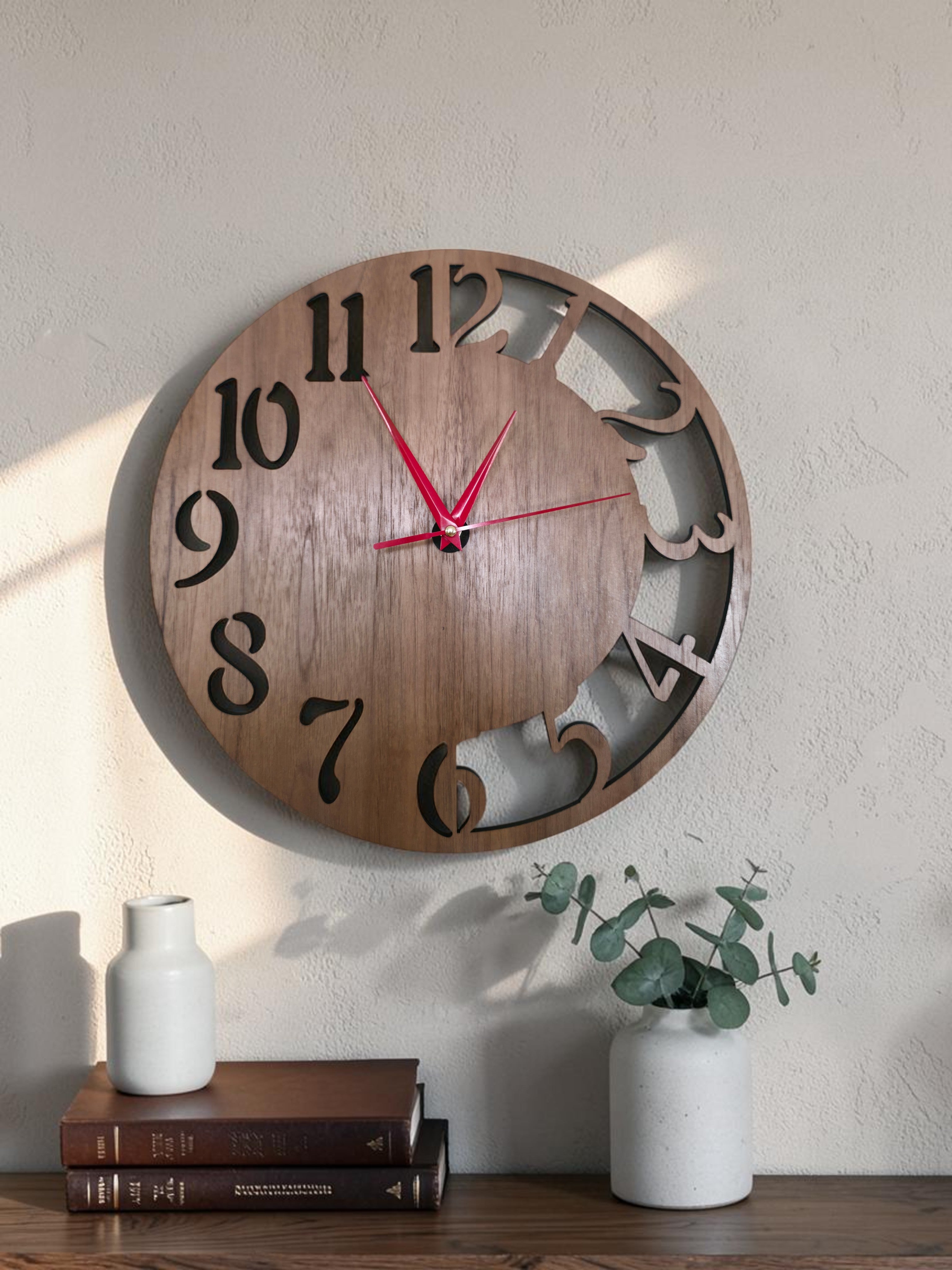 Distorted Number Walnut Wall Clock with Red Hands – 12-Inch Modern Wood Clock