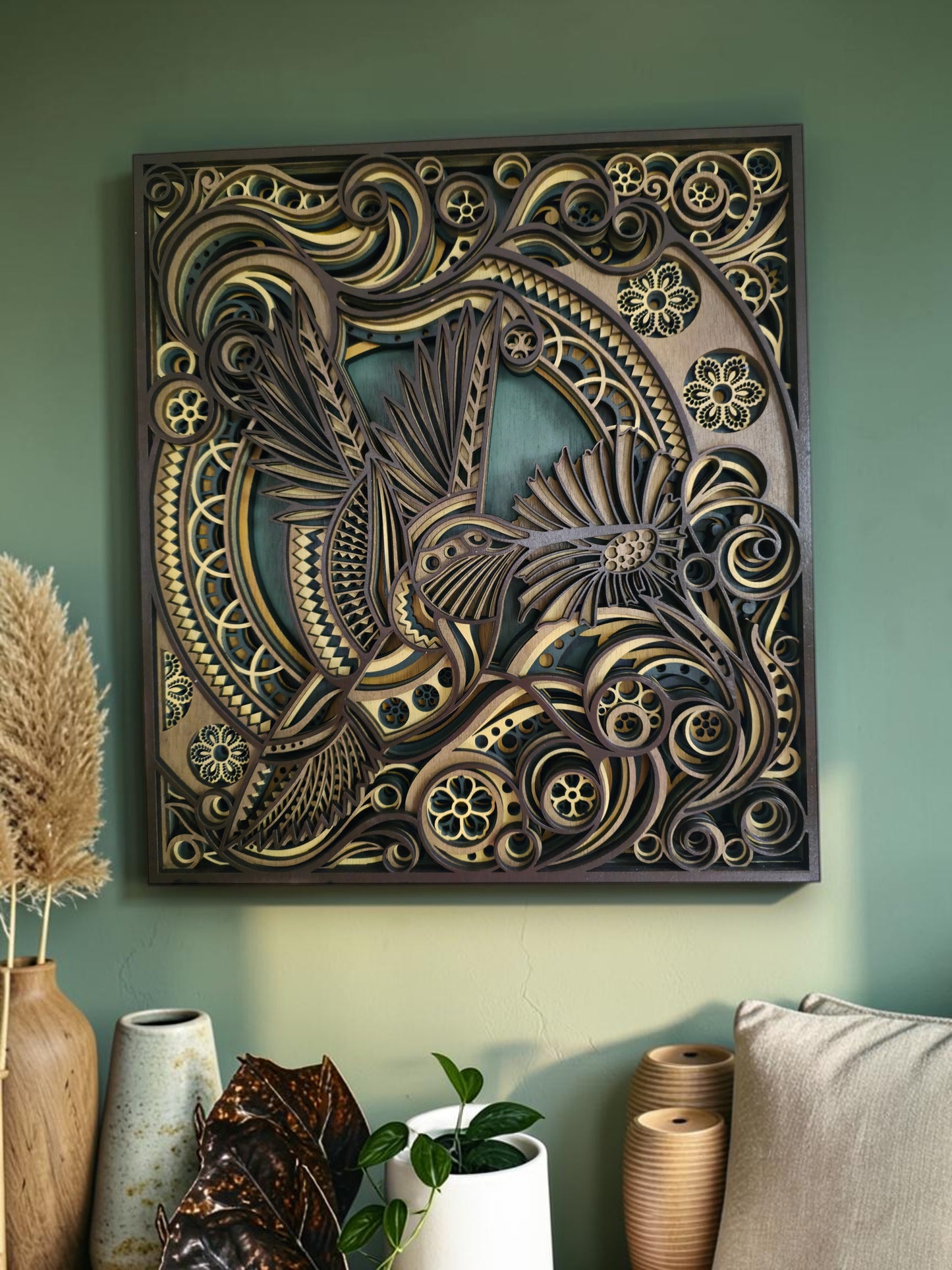 Hummingbird Mandala Layered Wood Wall Art – 13.11" × 14.51"
