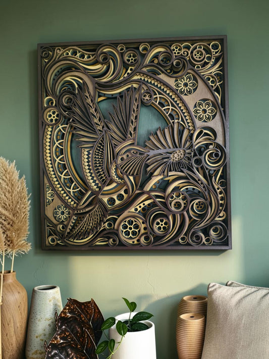 Hummingbird Mandala Layered Wood Wall Art – 13.11" × 14.51"