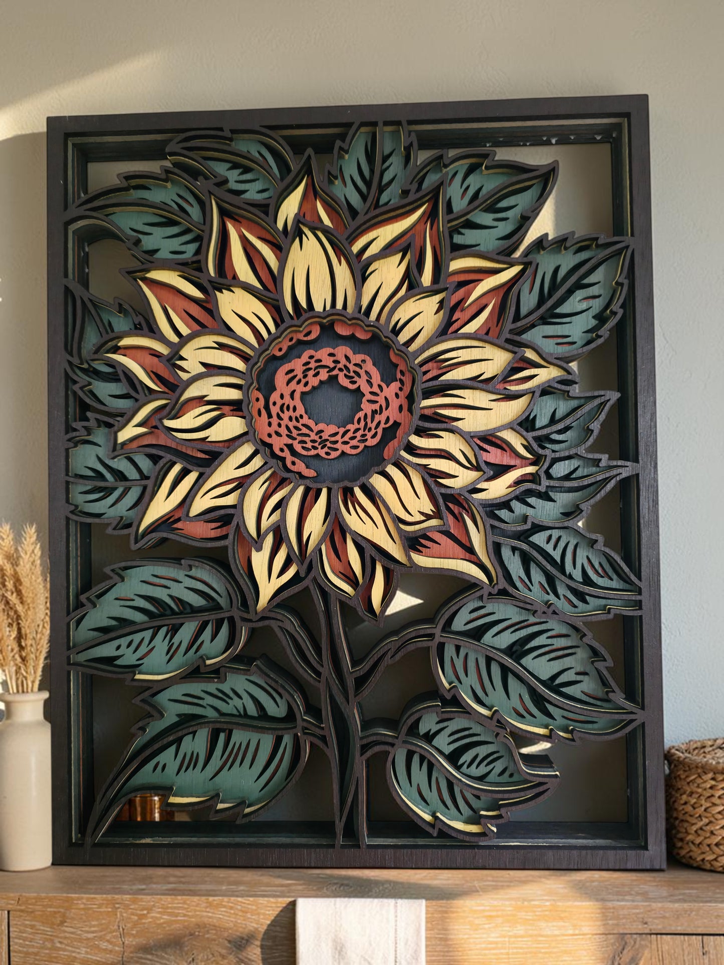 Sunflower Mandala Layered Wood Wall Art – 12.11" × 15.14"