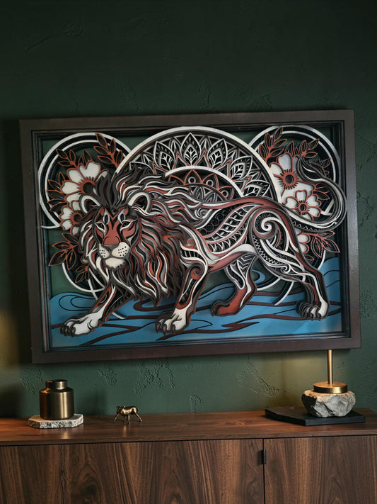 Majestic Lion Mandala Layered Wood Wall Art – 17.35" × 12.62"