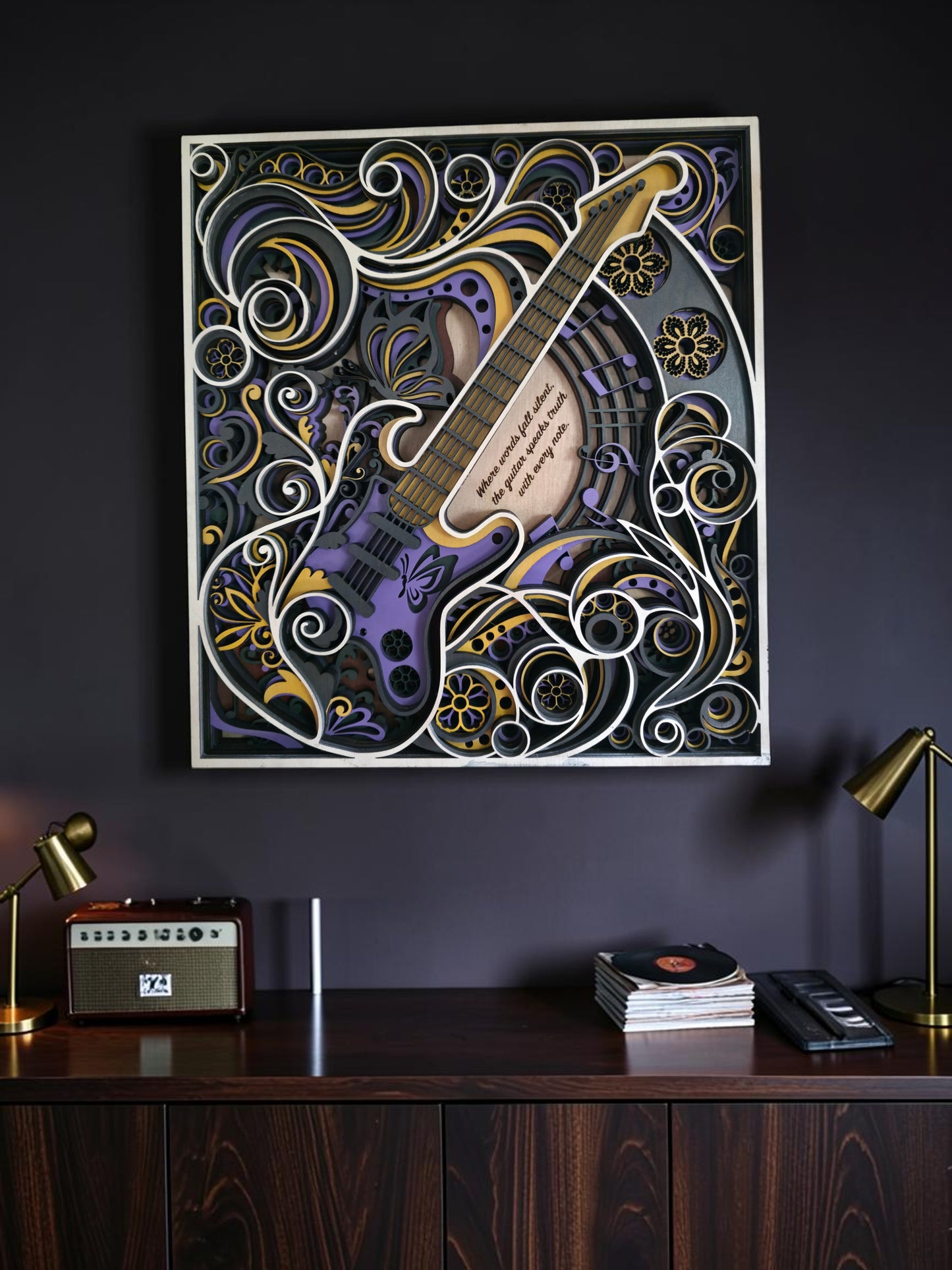 Electric Guitar Mandala Layered Wood Wall Art – 14.04" × 15.53"