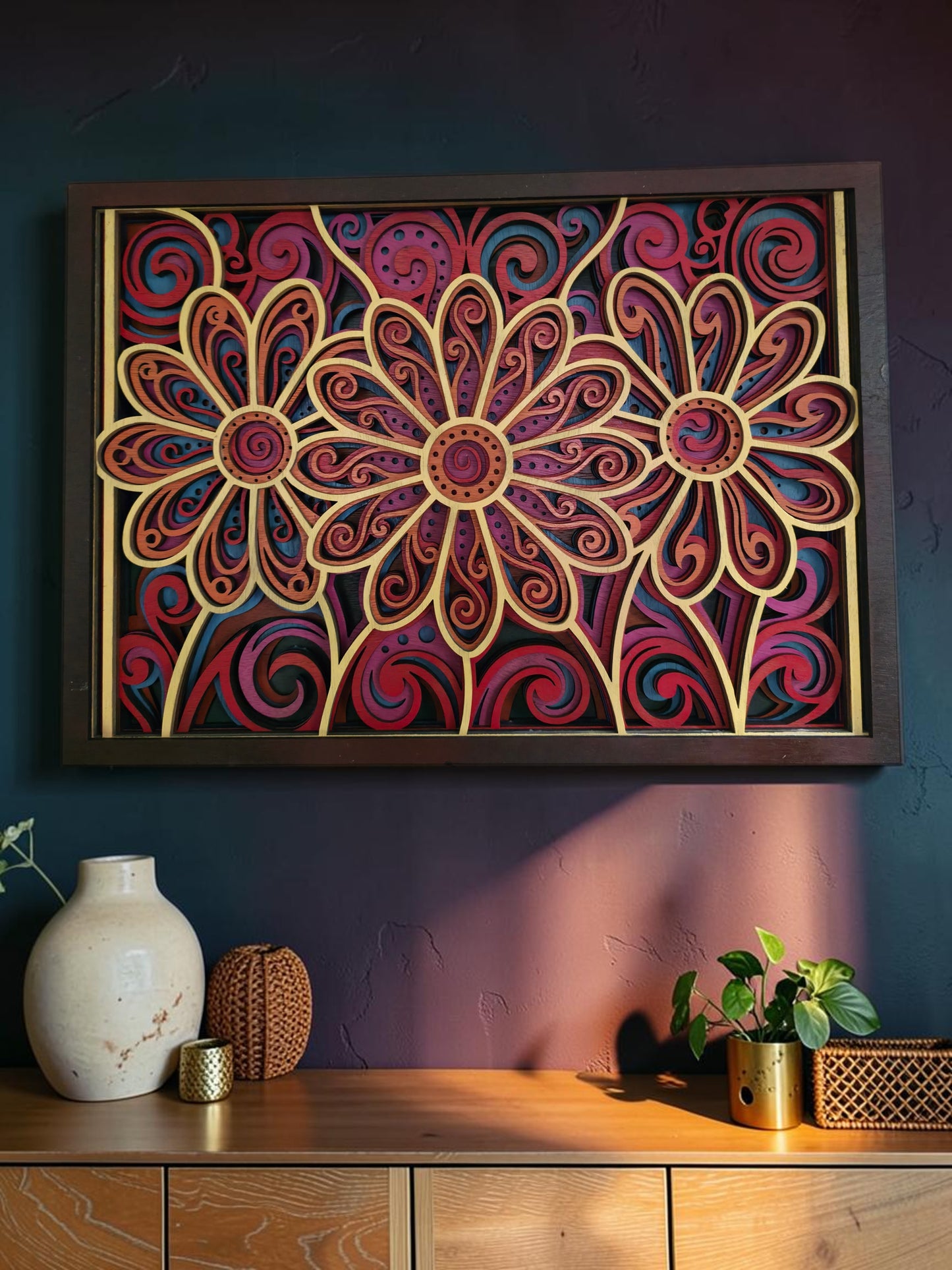 Bohemian Floral Mandala Layered Wood Wall Art – 18.12" × 12.97"