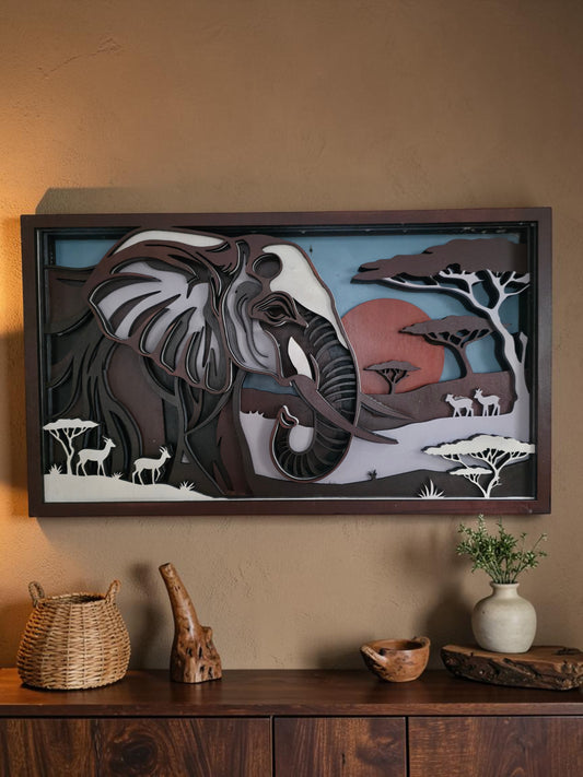African Elephant Safari Layered Wood Wall Art – 15.63" × 9.04"