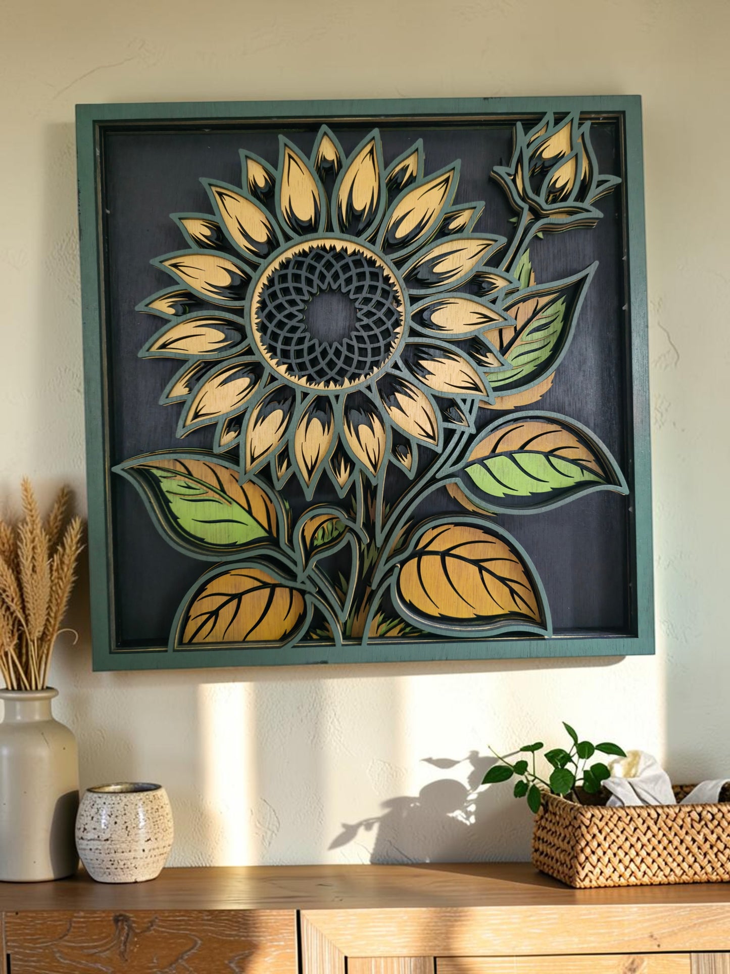 Sunflower Mandala Layered Wood Wall Art – 15.5" × 15.5"