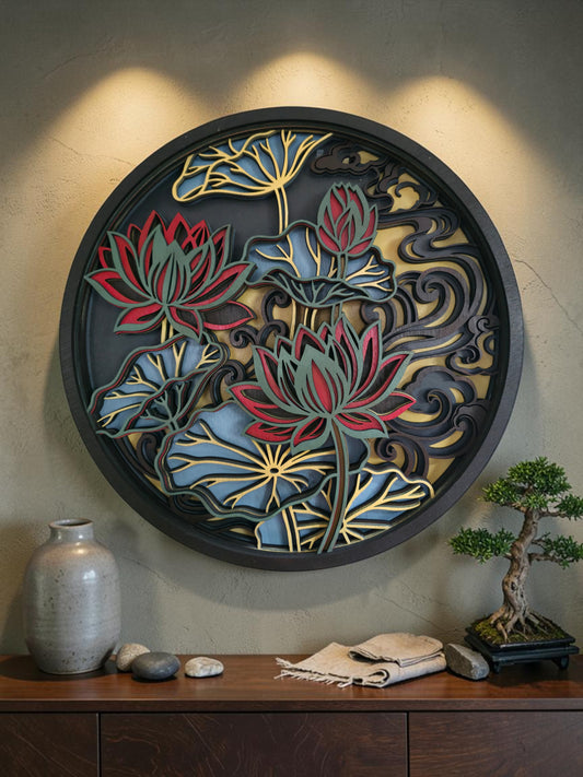 Lotus Flower Mandala Layered Wood Wall Art – 15.26" Diameter