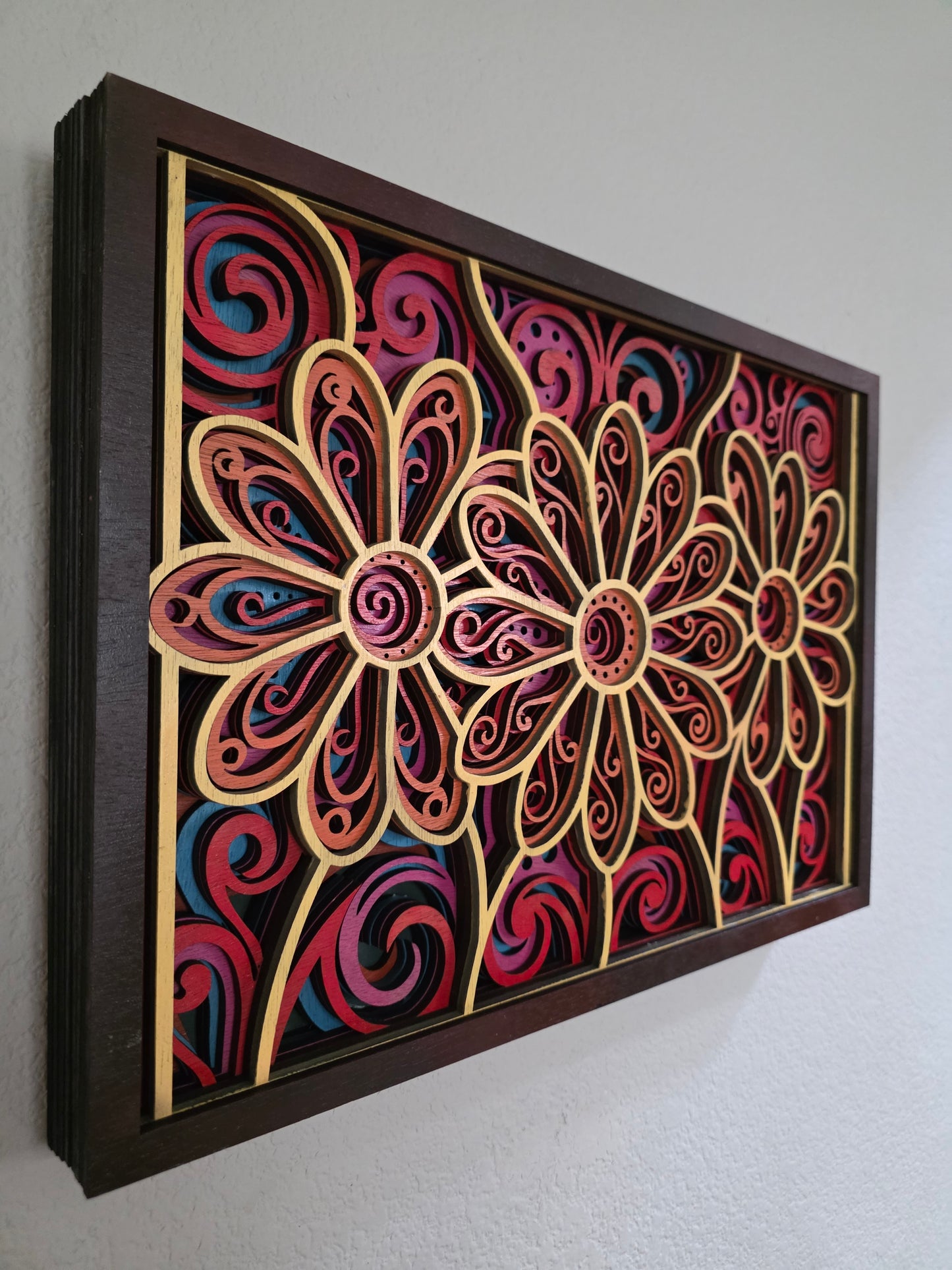 Bohemian Floral Mandala Layered Wood Wall Art – 18.12" × 12.97"