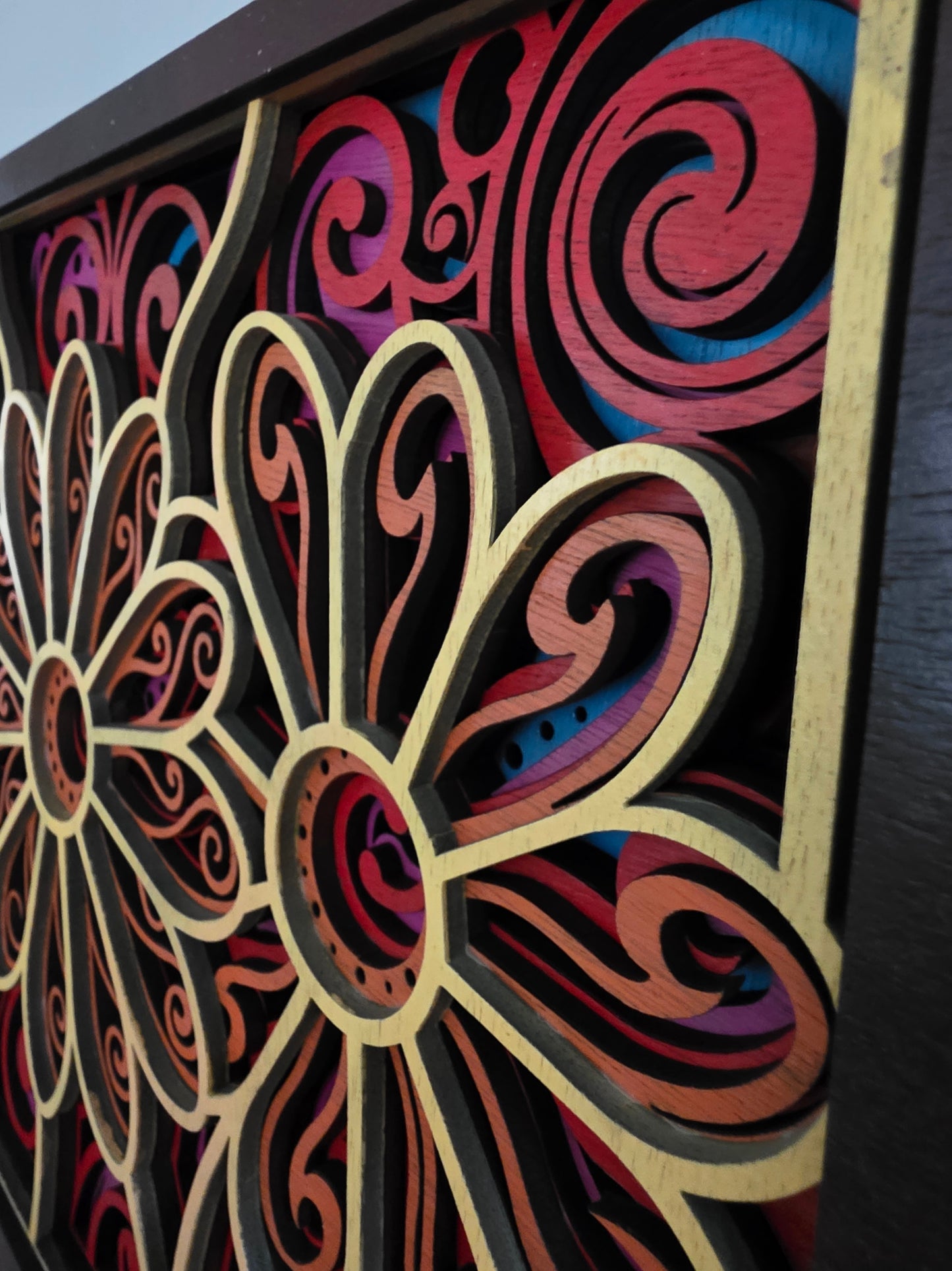 Bohemian Floral Mandala Layered Wood Wall Art – 18.12" × 12.97"