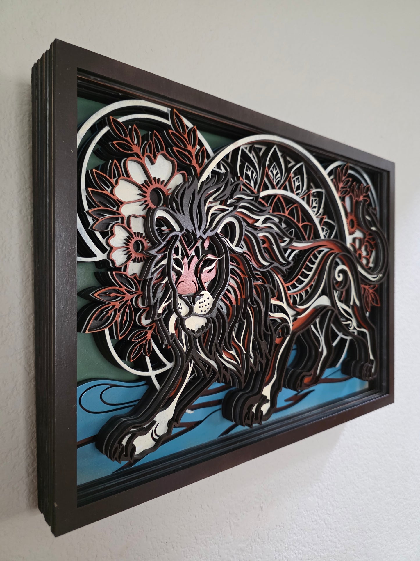 Majestic Lion Mandala Layered Wood Wall Art – 17.35" × 12.62"