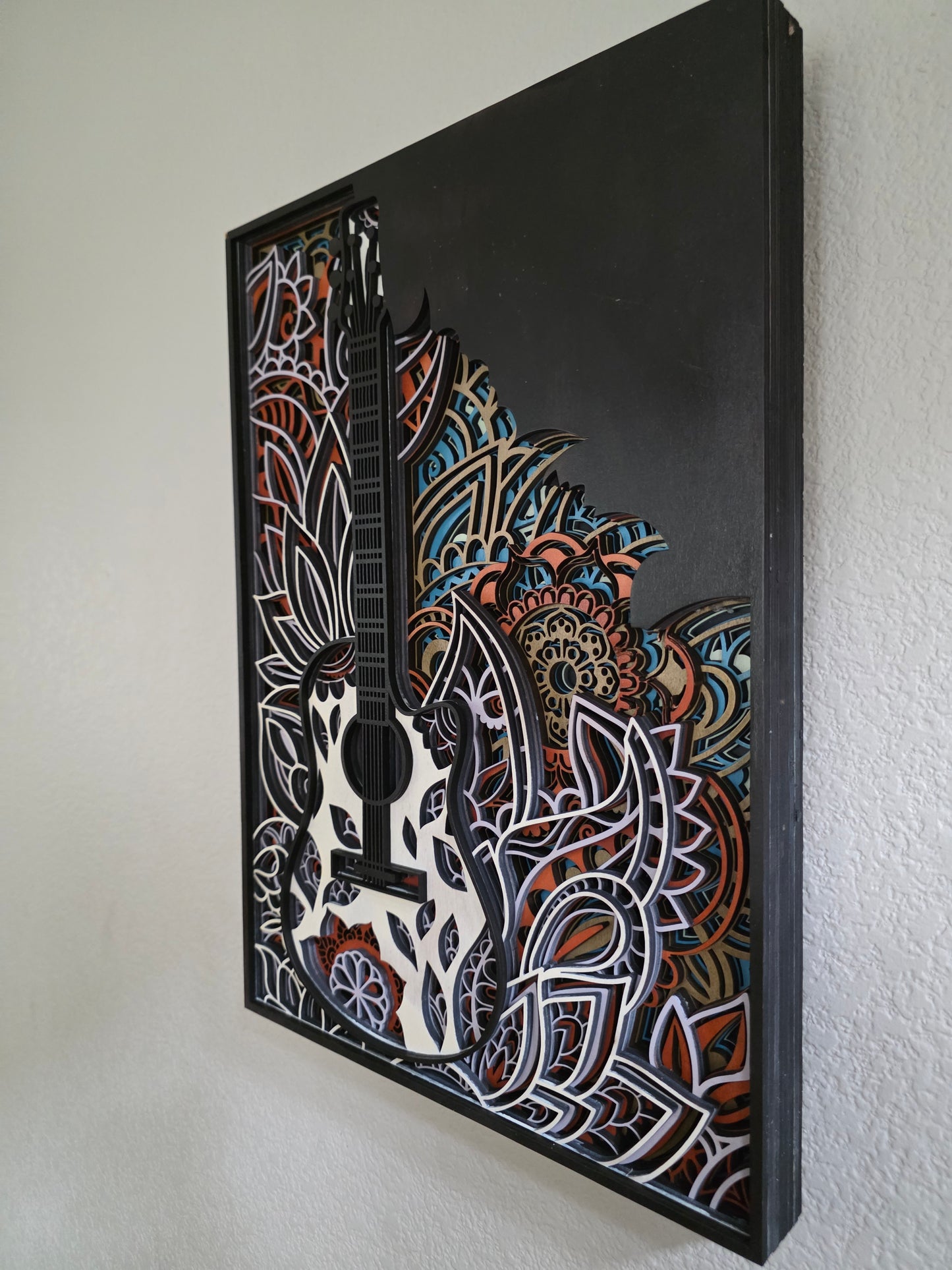 Acoustic Guitar Mandala Layered Wood Wall Art – 12.93" × 18.527"