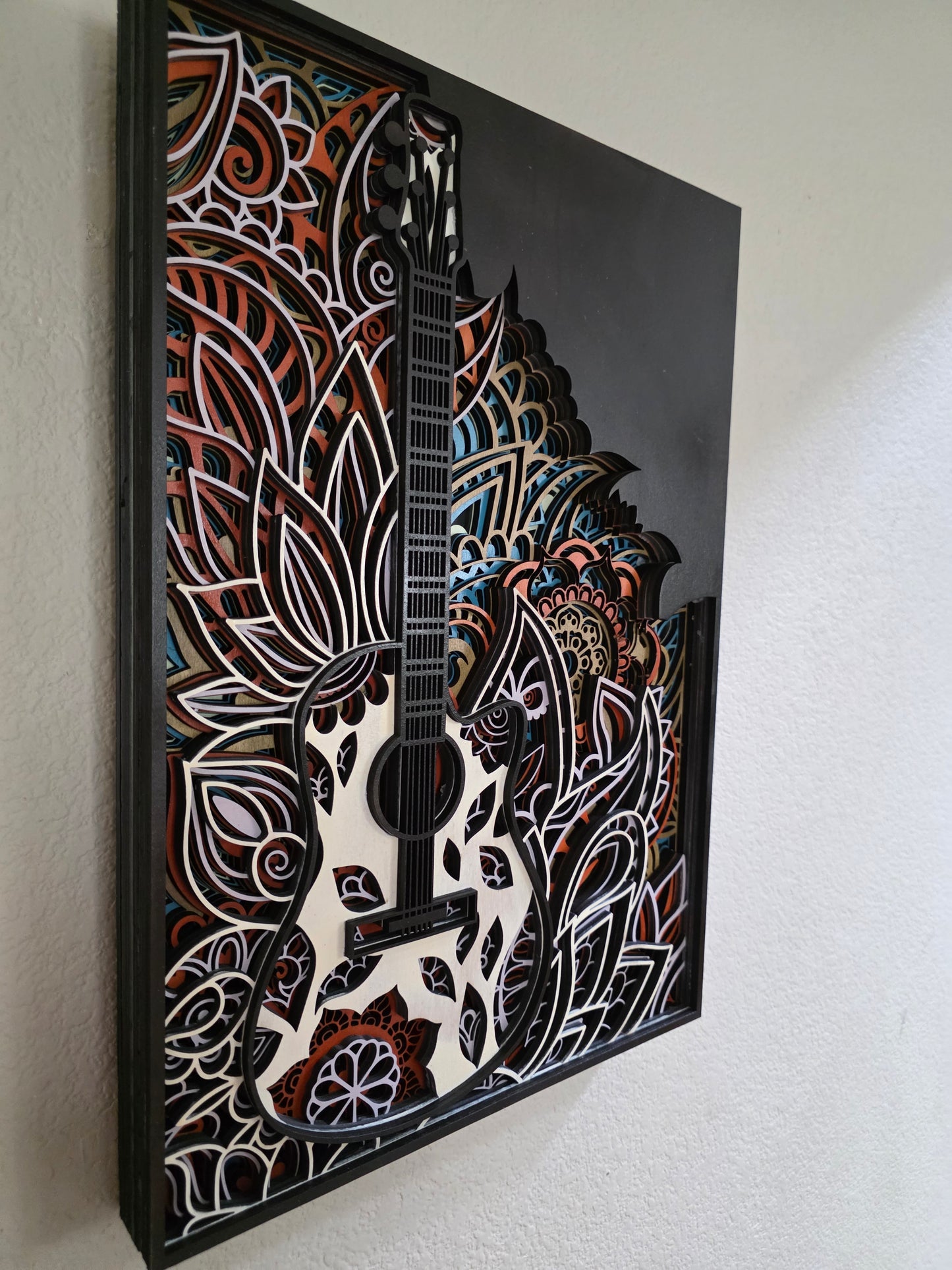 Acoustic Guitar Mandala Layered Wood Wall Art – 12.93" × 18.527"