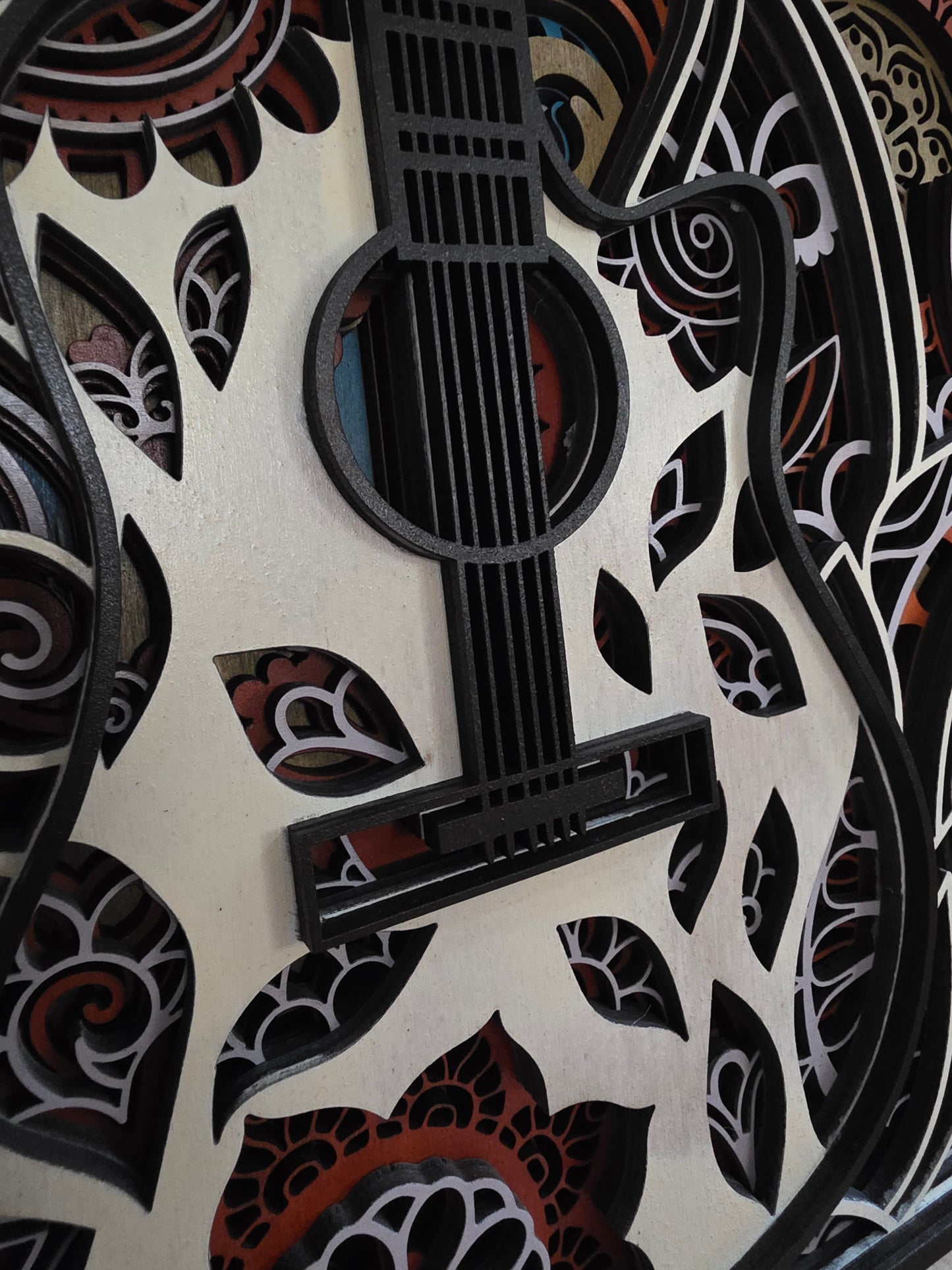 Acoustic Guitar Mandala Layered Wood Wall Art – 12.93" × 18.527"