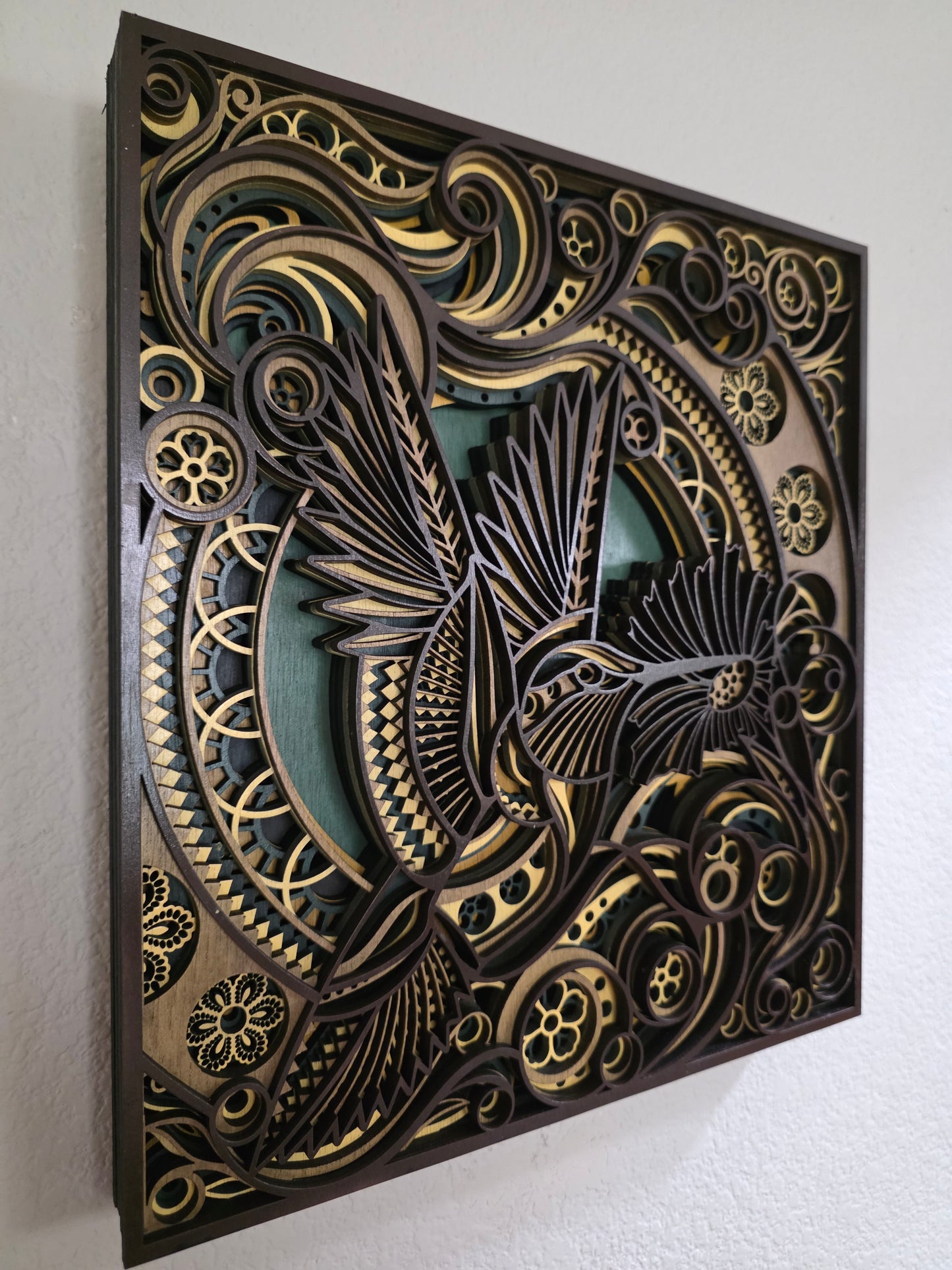 Hummingbird Mandala Layered Wood Wall Art – 13.11" × 14.51"