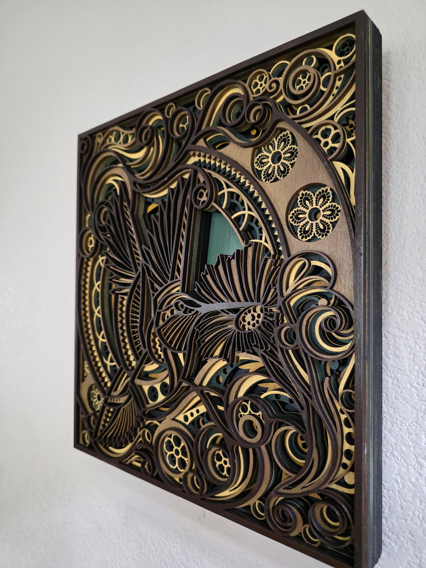 Hummingbird Mandala Layered Wood Wall Art – 13.11" × 14.51"