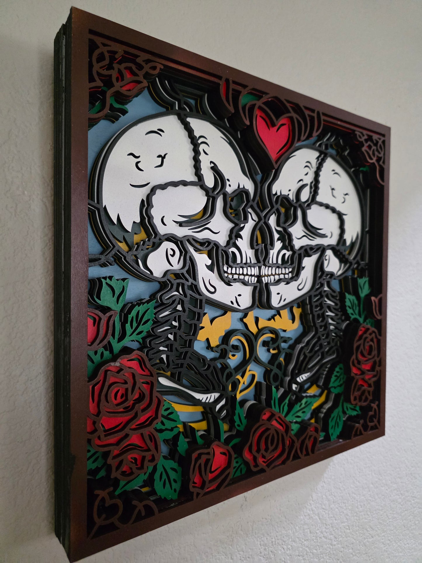 Gothic Skeleton Lovers Layered Wood Wall Art – 14.28" Square