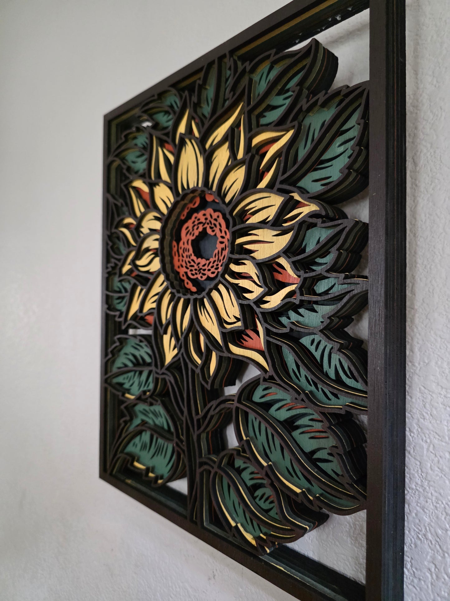 Sunflower Mandala Layered Wood Wall Art – 12.11" × 15.14"