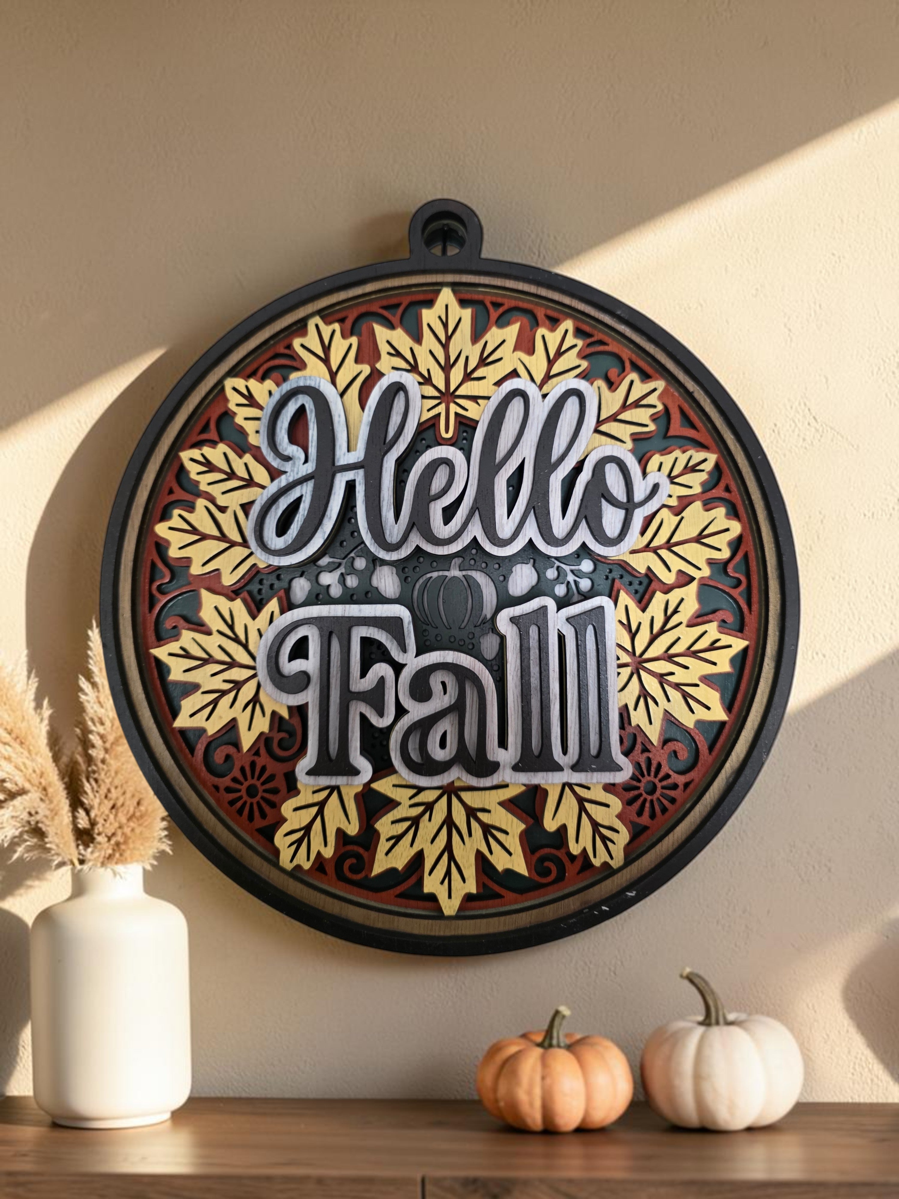 3D Layered Hello Fall Wood Wall Art – Hand-Painted Autumn Mandala Décor