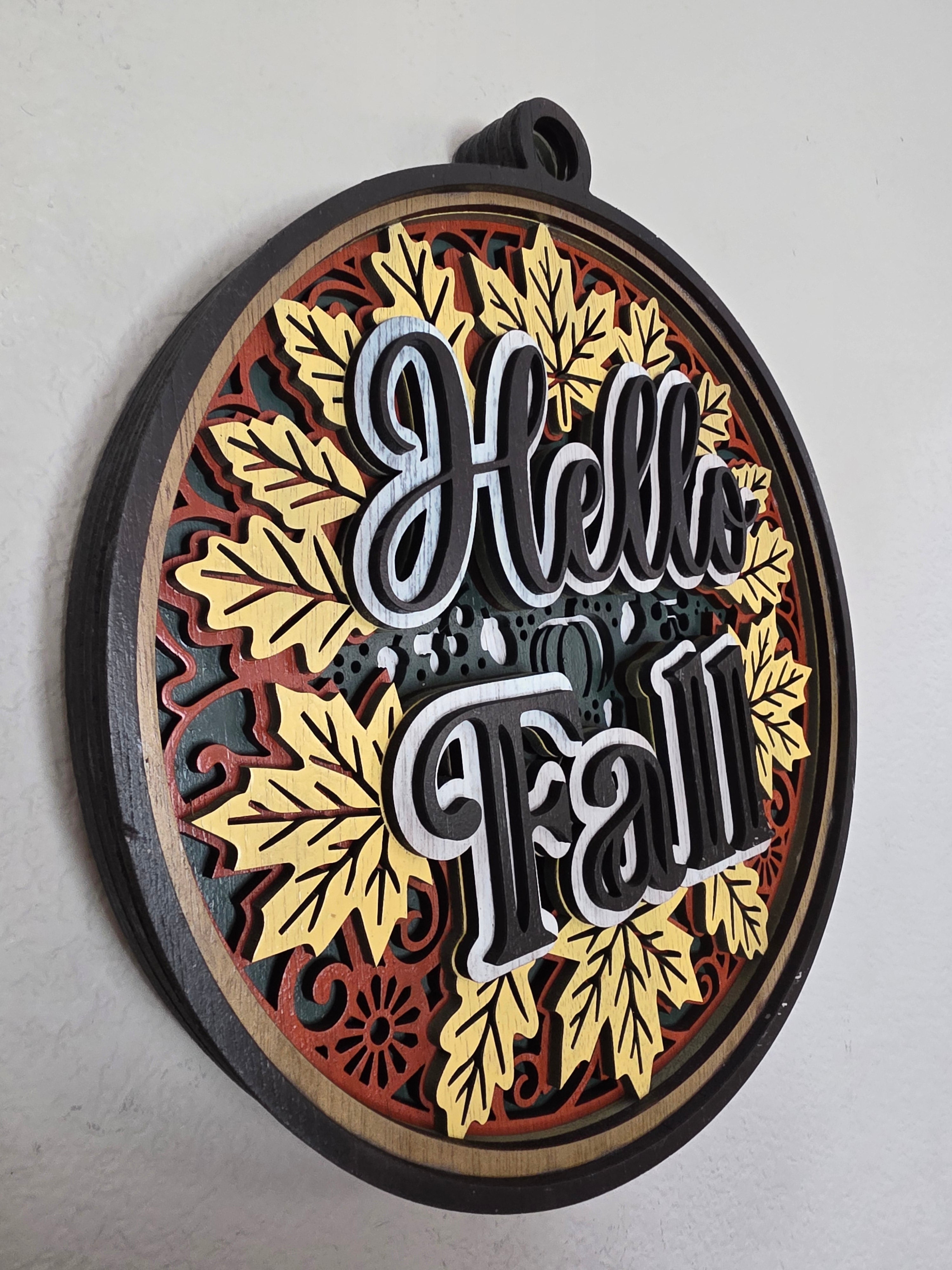 3D Layered Hello Fall Wood Wall Art – Hand-Painted Autumn Mandala Décor