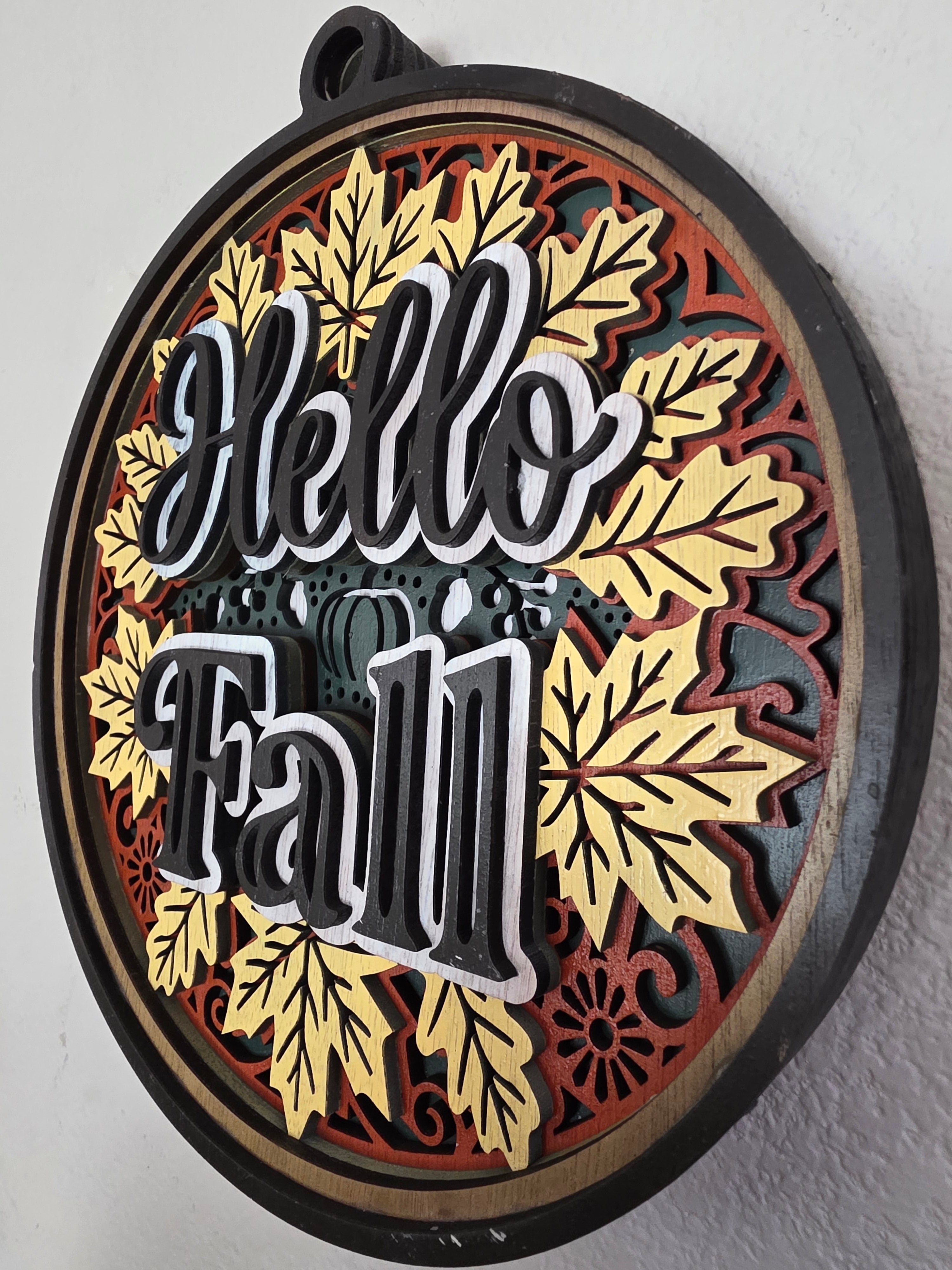 3D Layered Hello Fall Wood Wall Art – Hand-Painted Autumn Mandala Décor