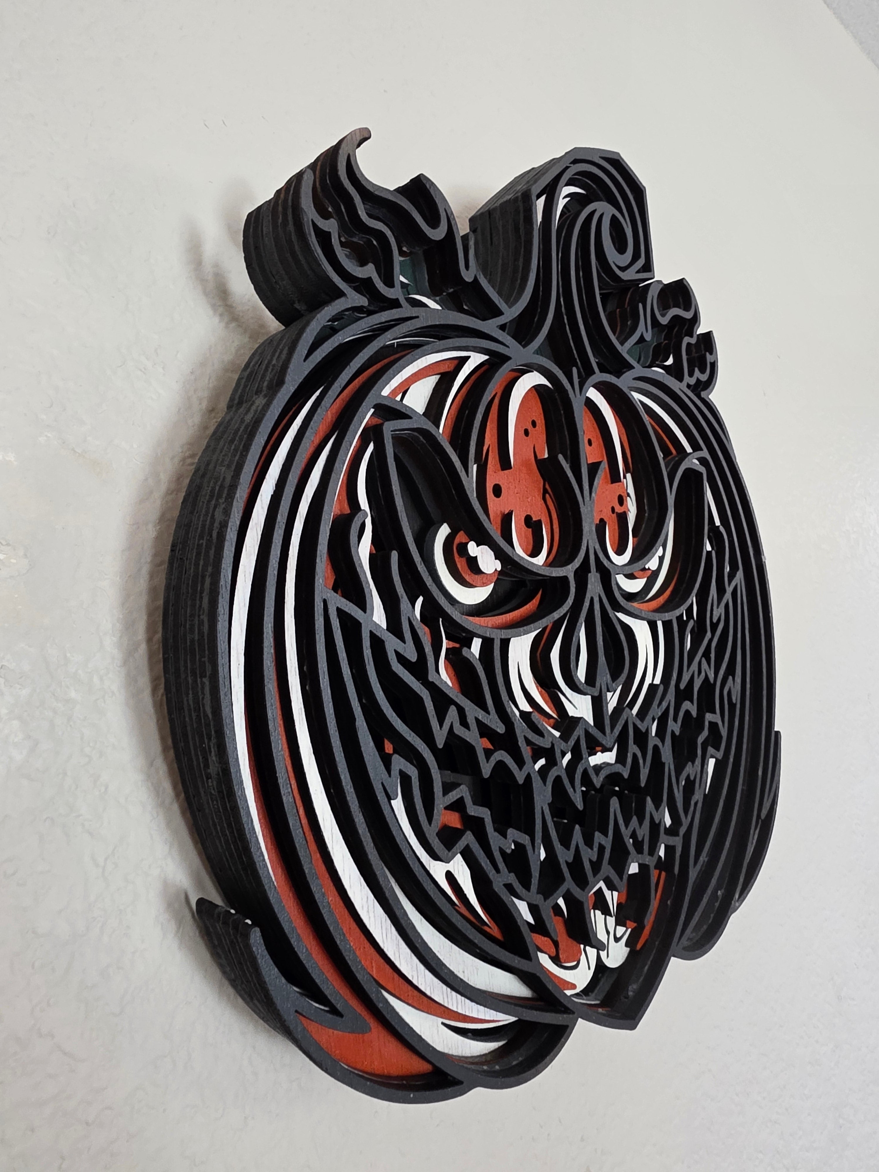 3D Layered Skull Pumpkin Wood Wall Art – Hand-Painted Halloween Mandala Décor