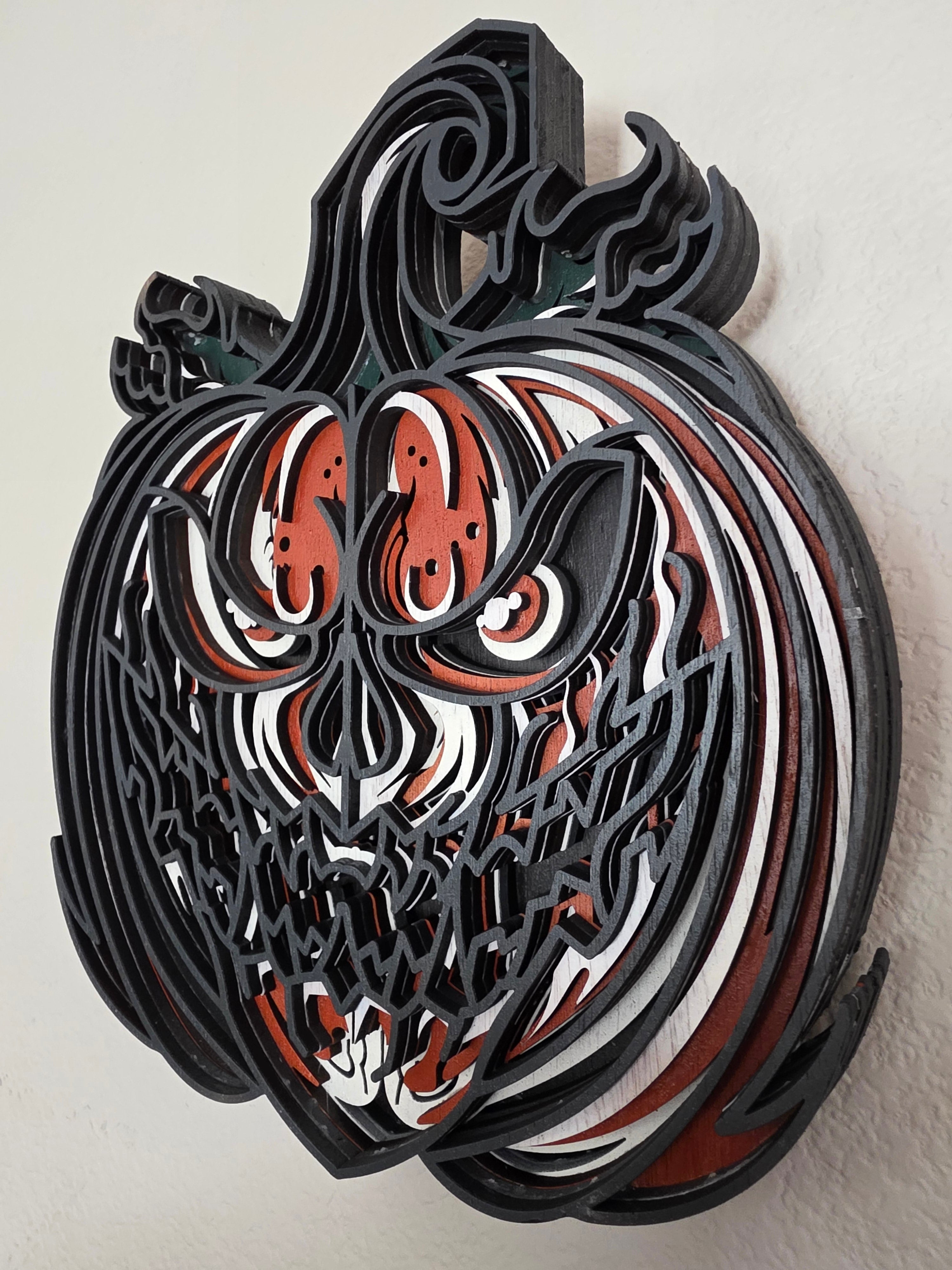 3D Layered Skull Pumpkin Wood Wall Art – Hand-Painted Halloween Mandala Décor