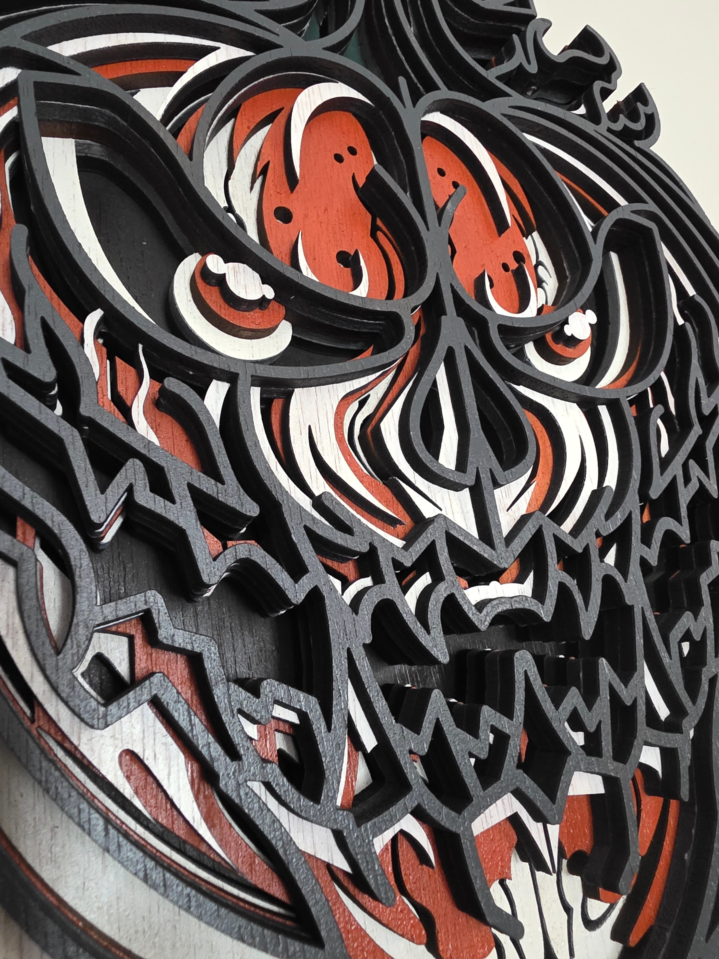 3D Layered Skull Pumpkin Wood Wall Art – Hand-Painted Halloween Mandala Décor