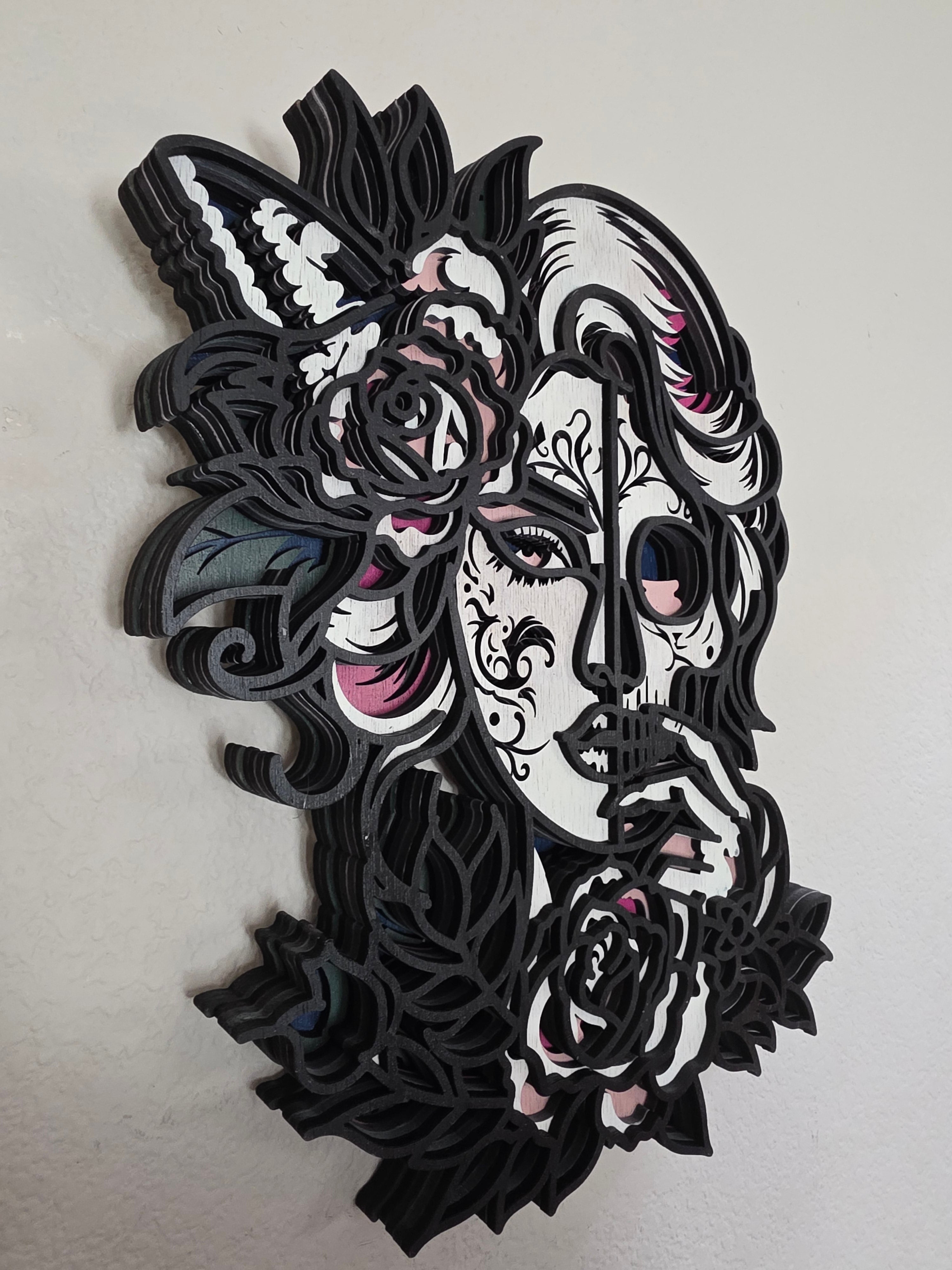 Sugar Skull Woman Layered Wood Wall Art – Gothic Rose Décor