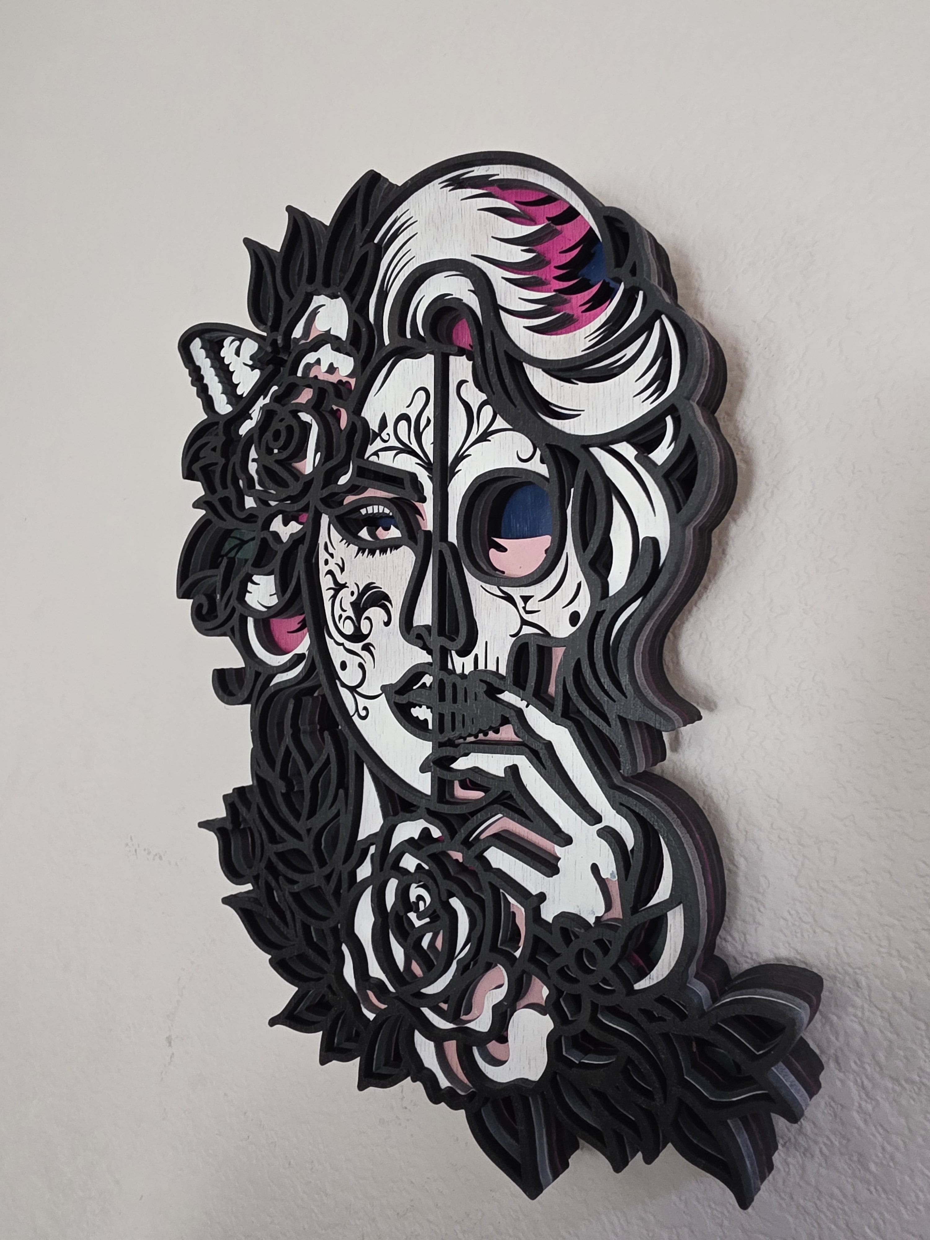 Sugar Skull Woman Layered Wood Wall Art – Gothic Rose Décor