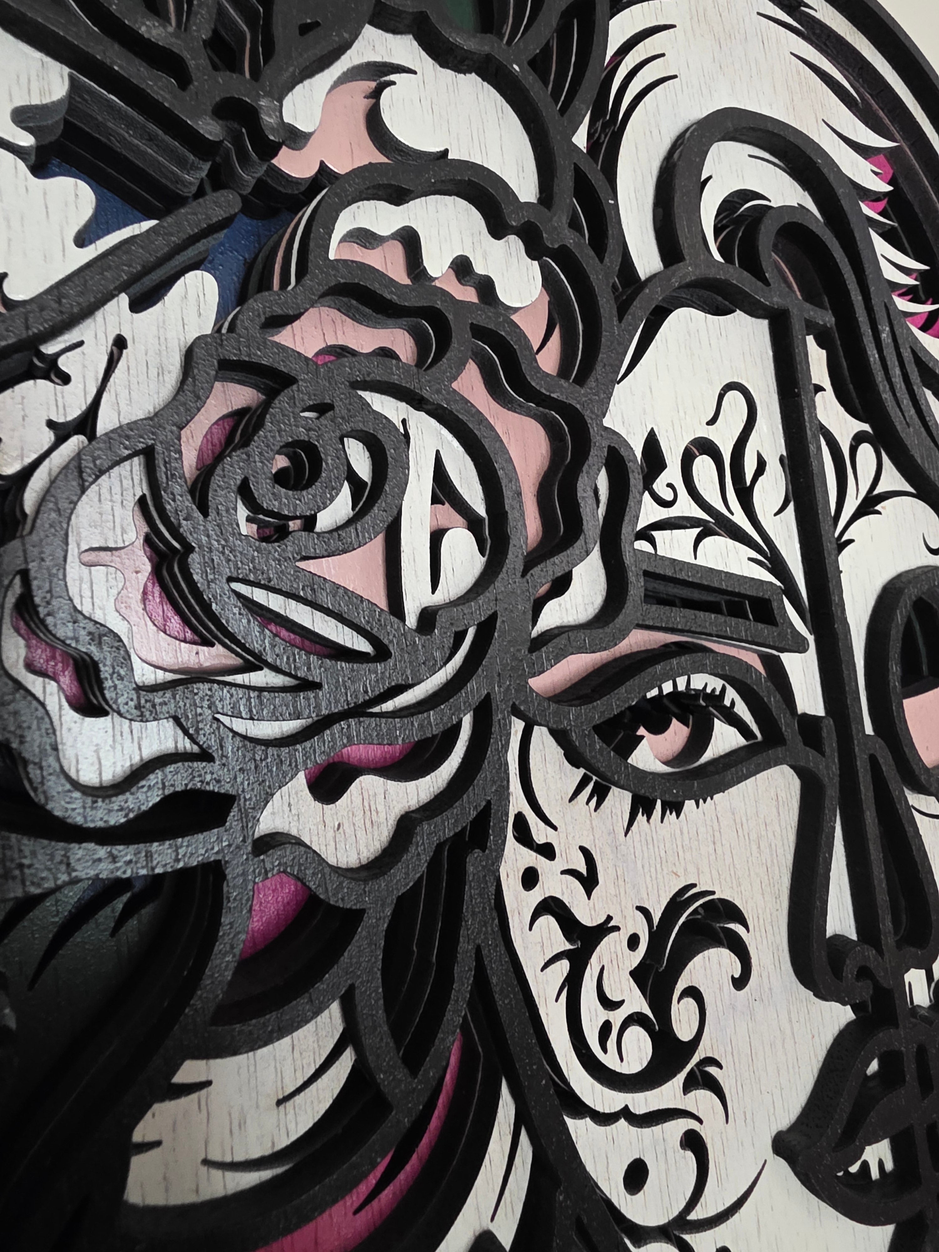 Sugar Skull Woman Layered Wood Wall Art – Gothic Rose Décor