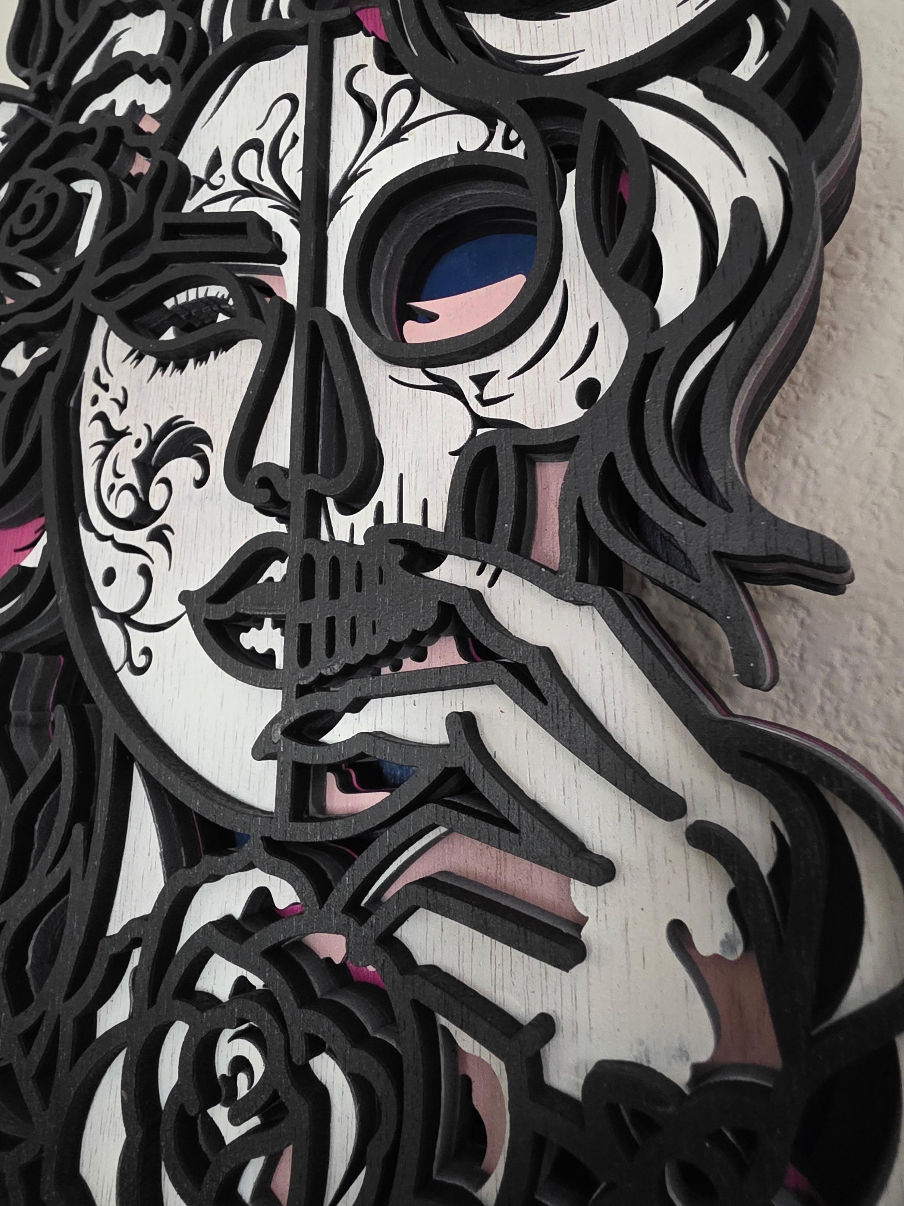 Sugar Skull Woman Layered Wood Wall Art – Gothic Rose Décor