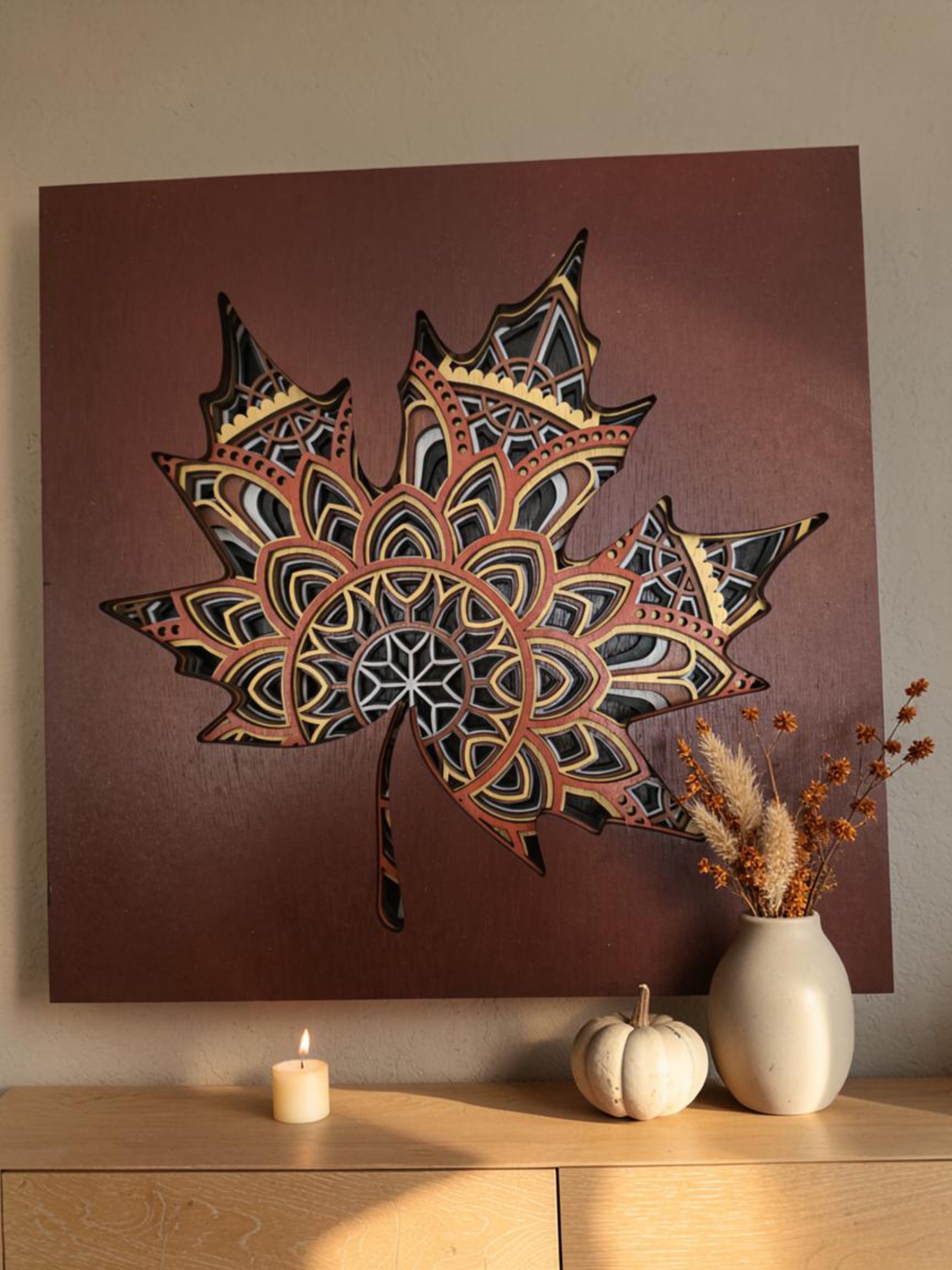 Mandala Maple Leaf Wood Wall Art – Layered Fall Decor