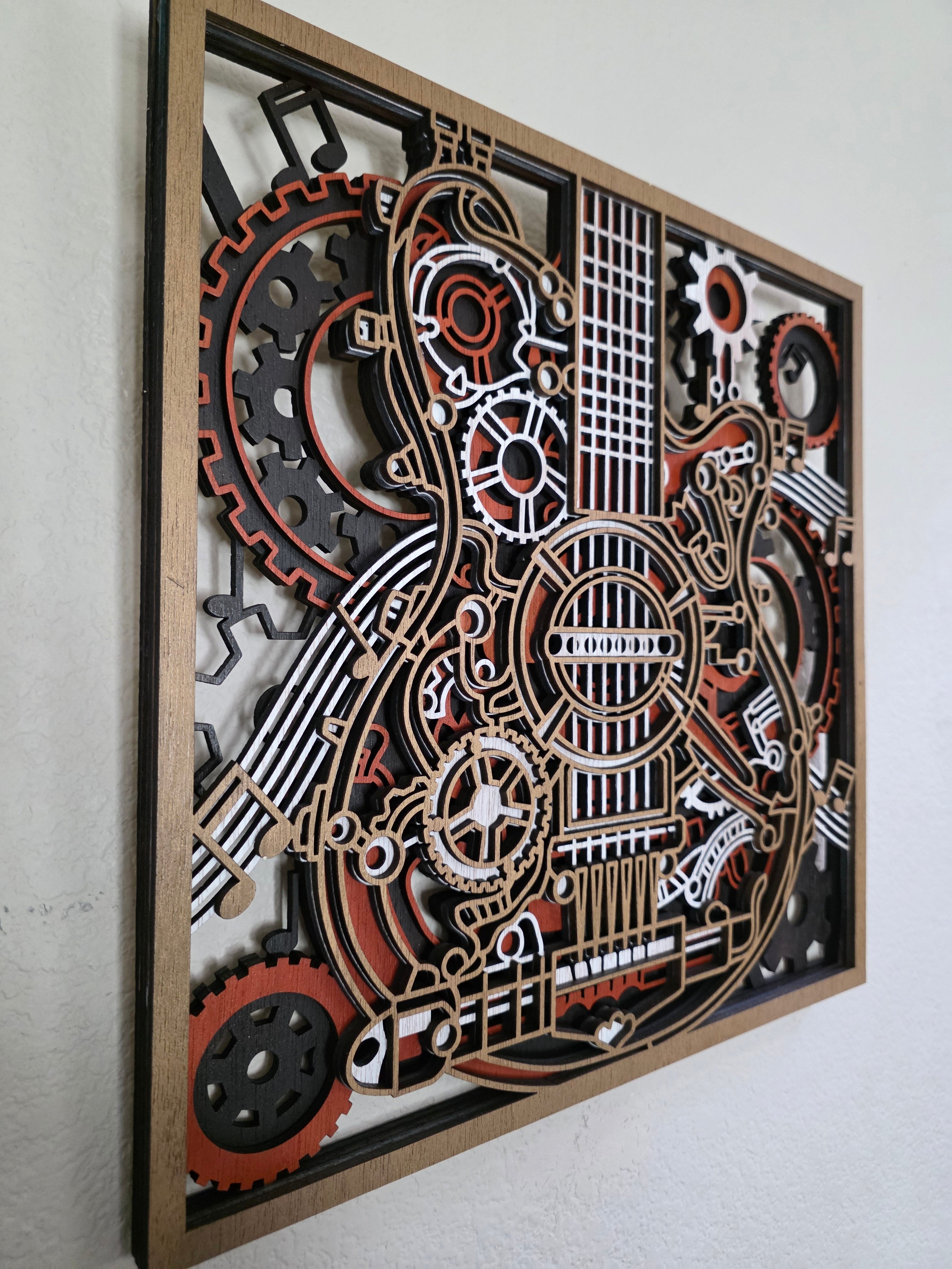 Steampunk Guitar Layered Wood Wall Art – Framed Gear Décor