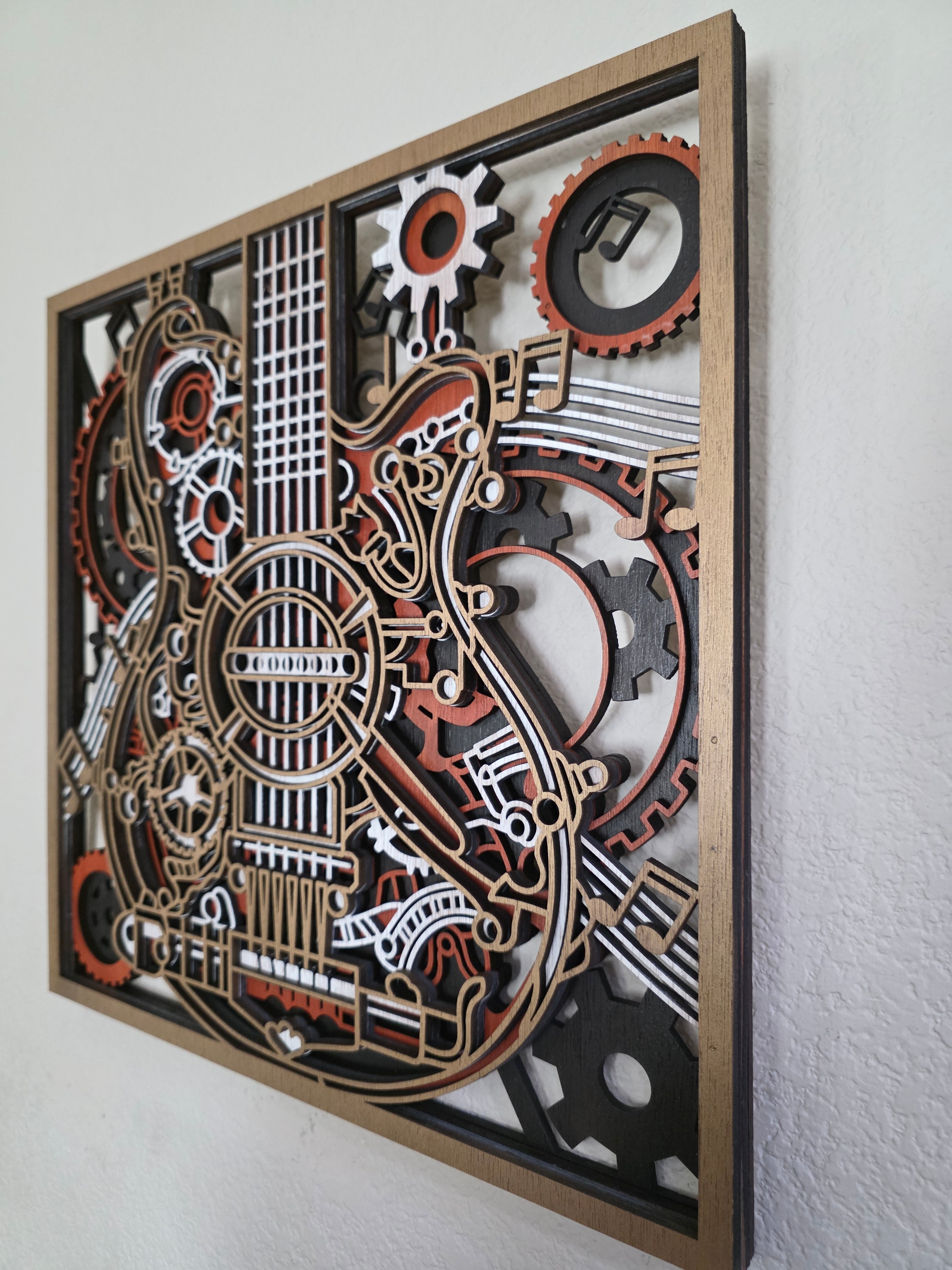 Steampunk Guitar Layered Wood Wall Art – Framed Gear Décor