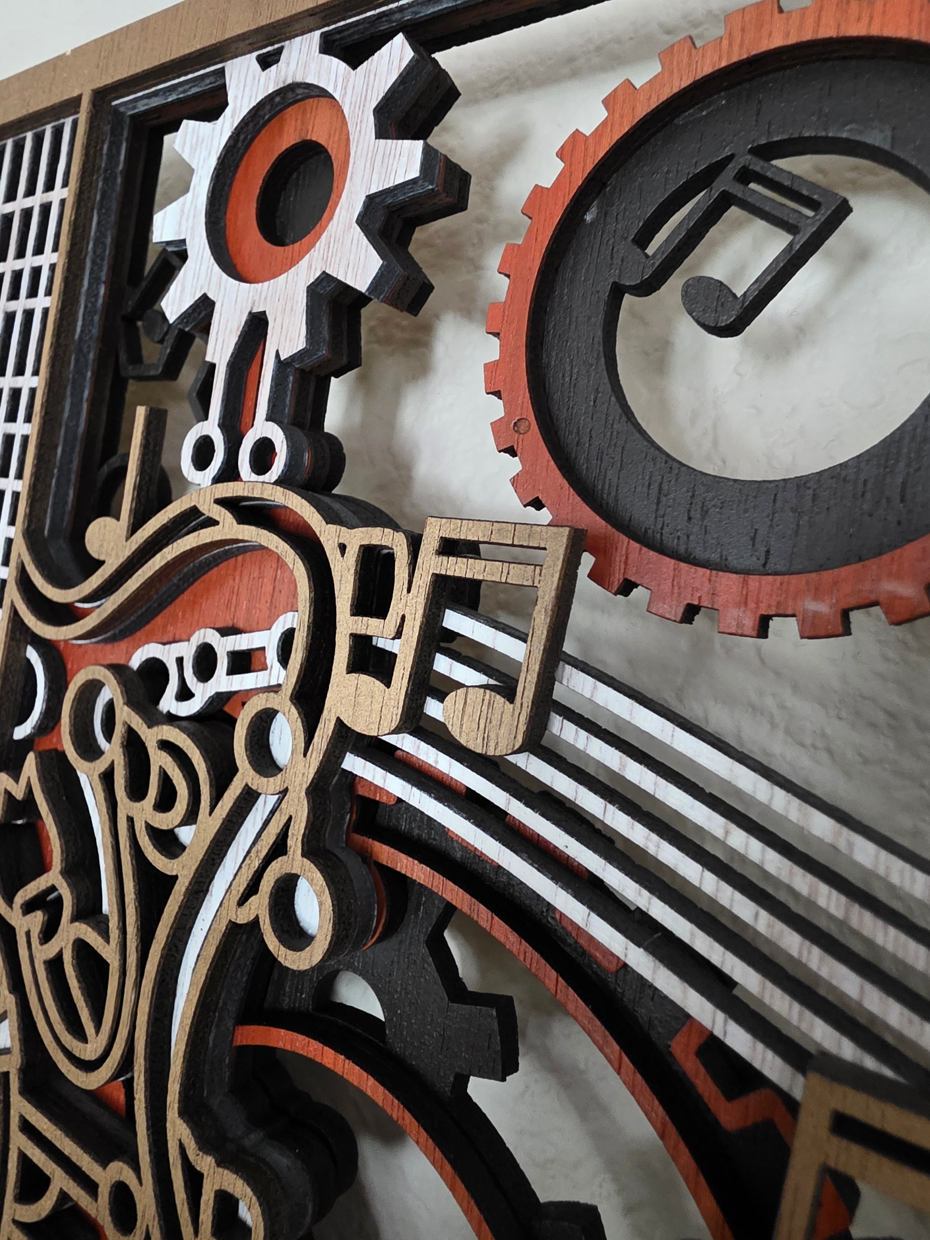 Steampunk Guitar Layered Wood Wall Art – Framed Gear Décor