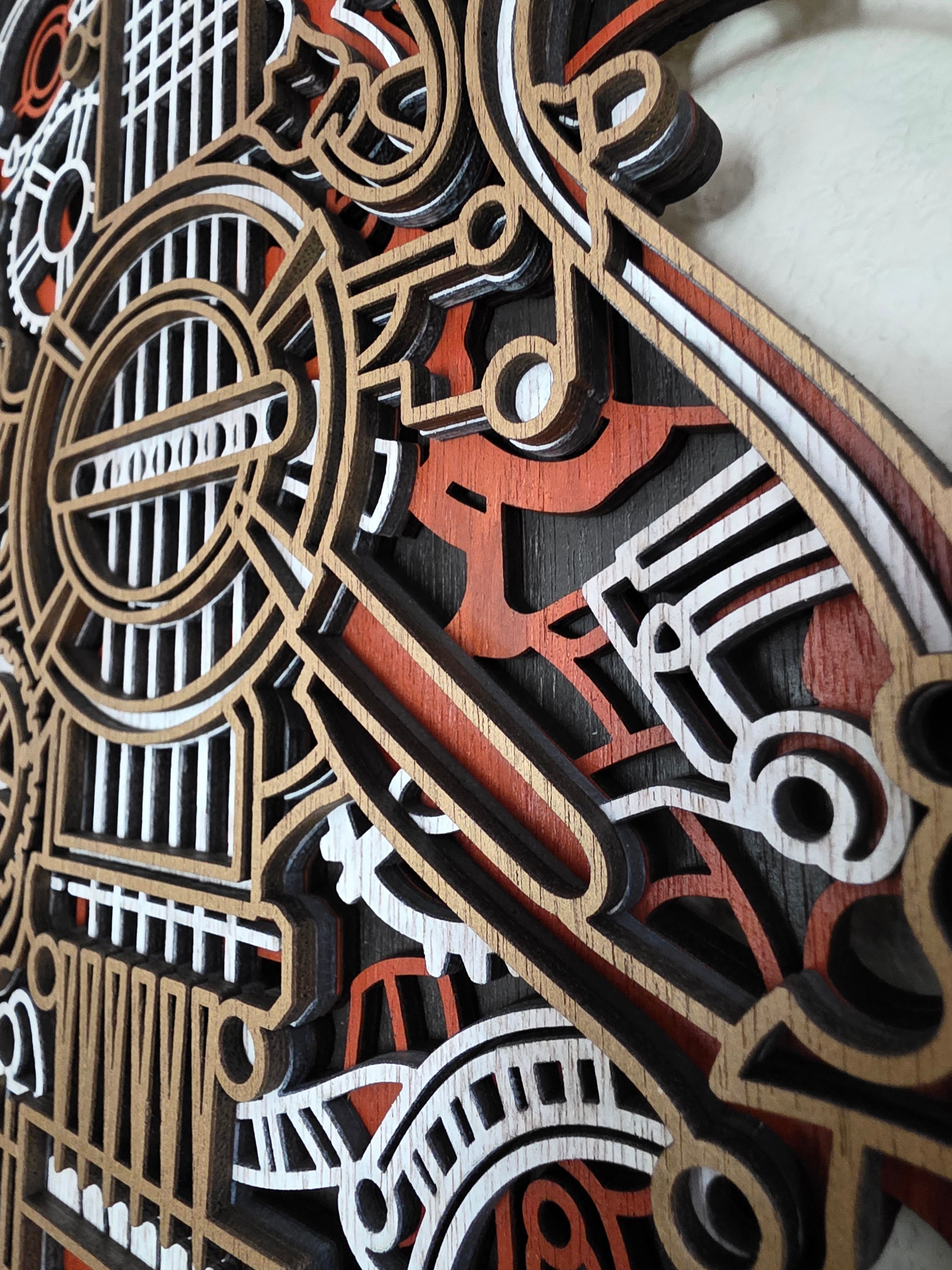 Steampunk Guitar Layered Wood Wall Art – Framed Gear Décor