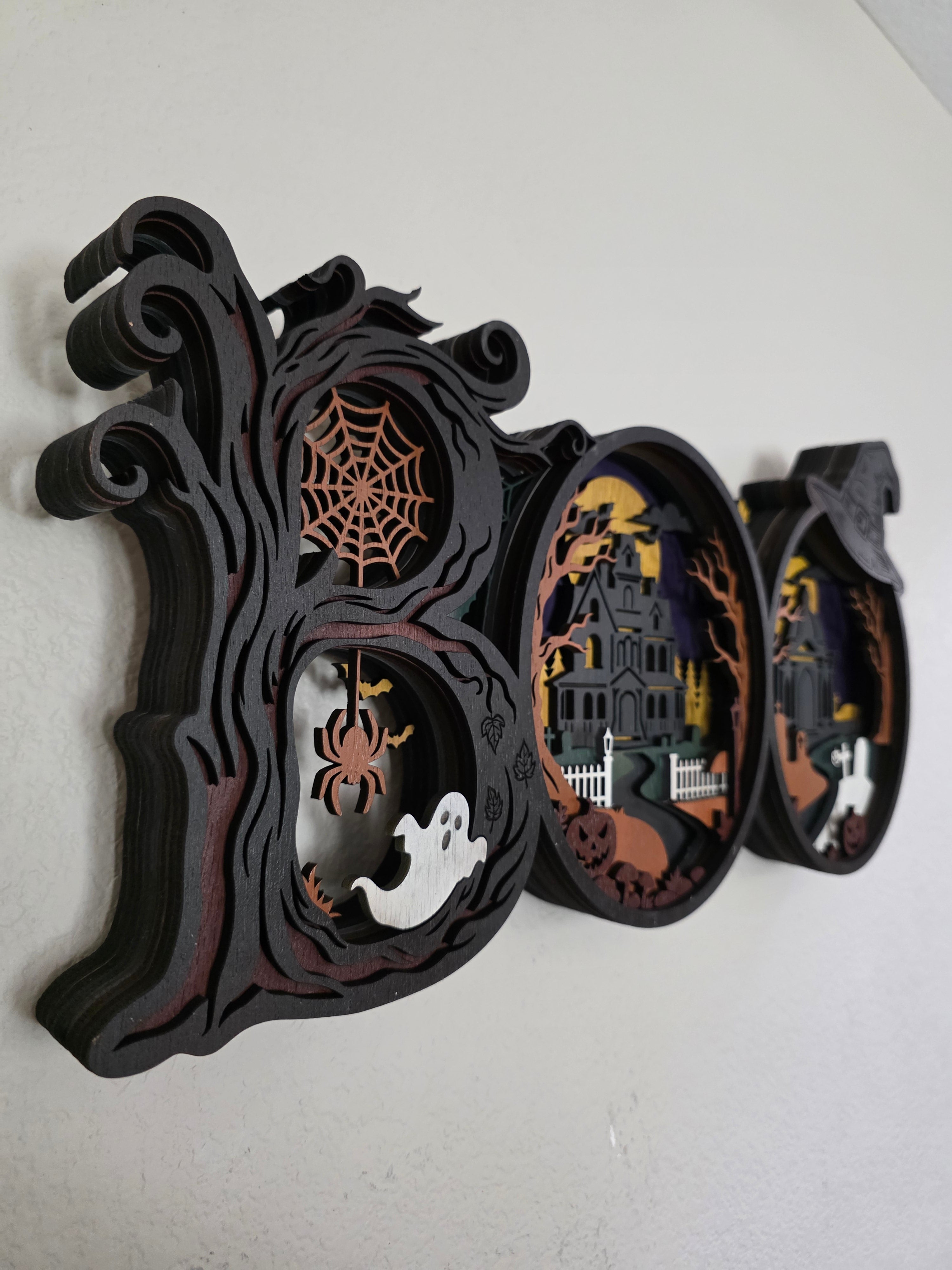 BOO Layered Wood Wall Art – Haunted House Halloween Décor