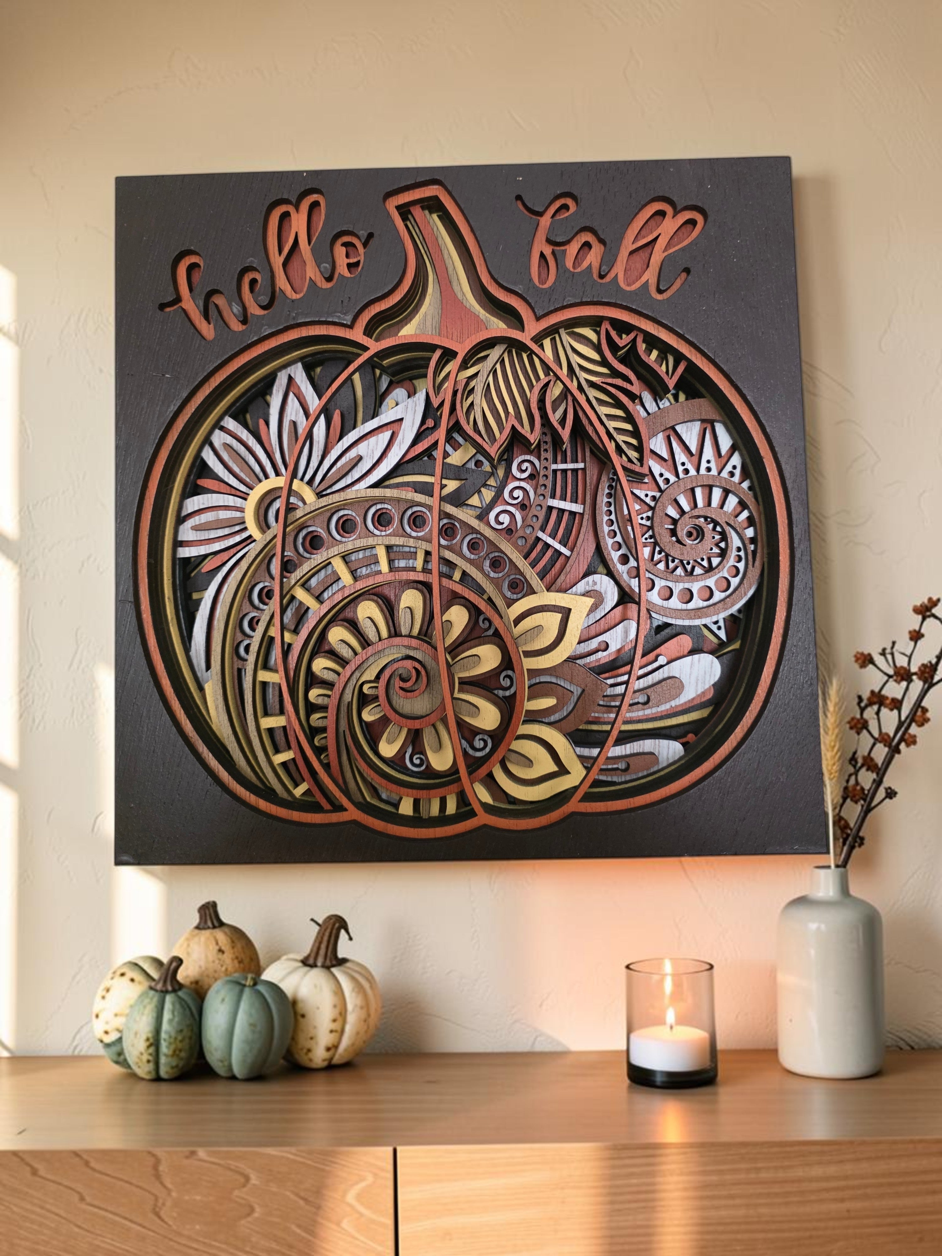 Hello Fall Mandala Pumpkin Wood Wall Art – Layered Autumn Décor
