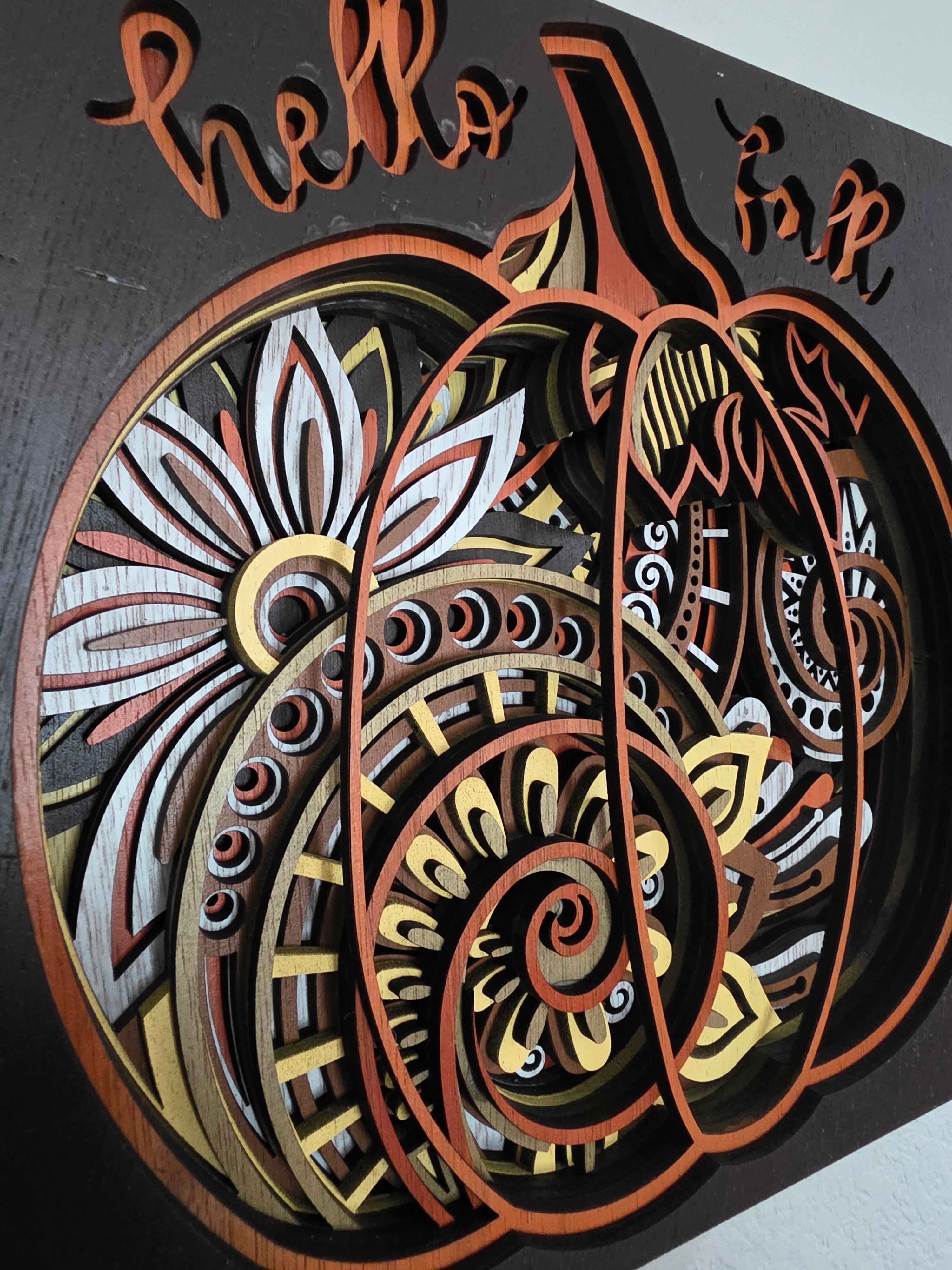 Hello Fall Mandala Pumpkin Wood Wall Art – Layered Autumn Décor